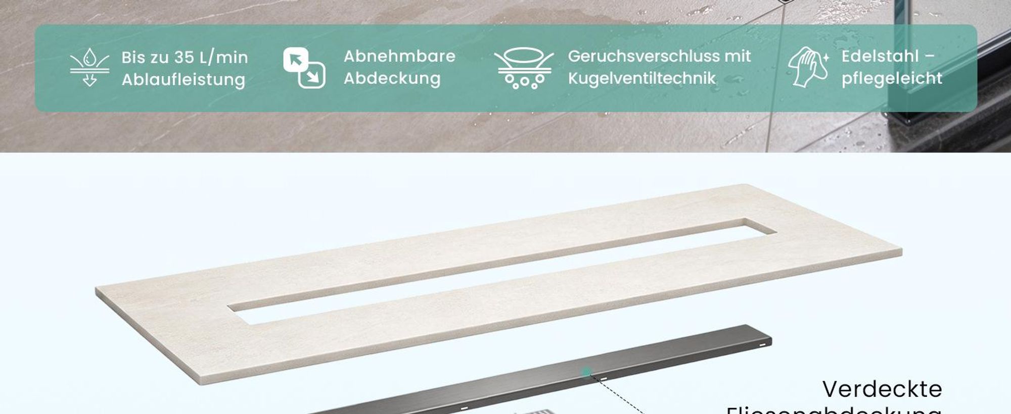 Mai & Mai Duschrinne 50cm Bodenablauf aus Edelstahl | Komplettset Ablaufrinne für Badezimmer | Befliesbar Wasserabfluss 35L/min | Haarsieb Chrom KE110