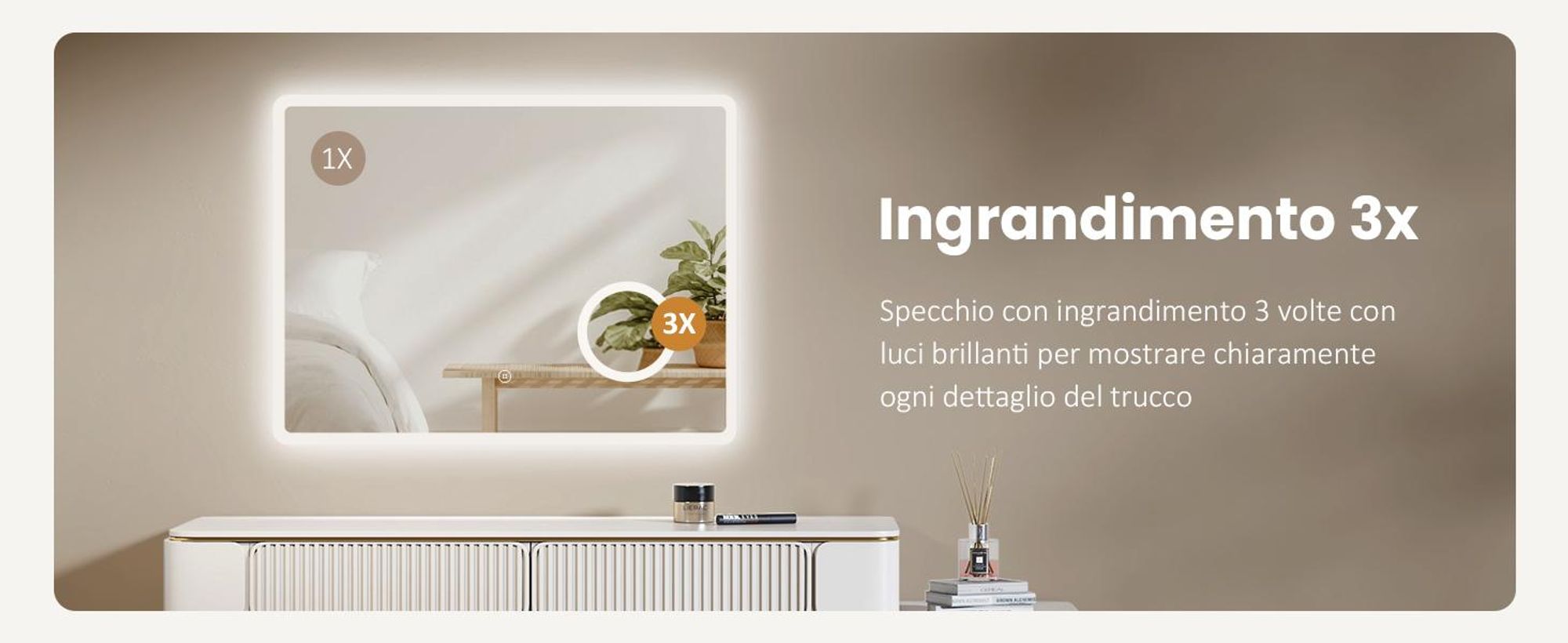 EMKE Specchio da bagno con ingrandimento 3X Interruttore a sfioramento 3 colori di luce Dimmerabile Antiappannamento 80X60cm
