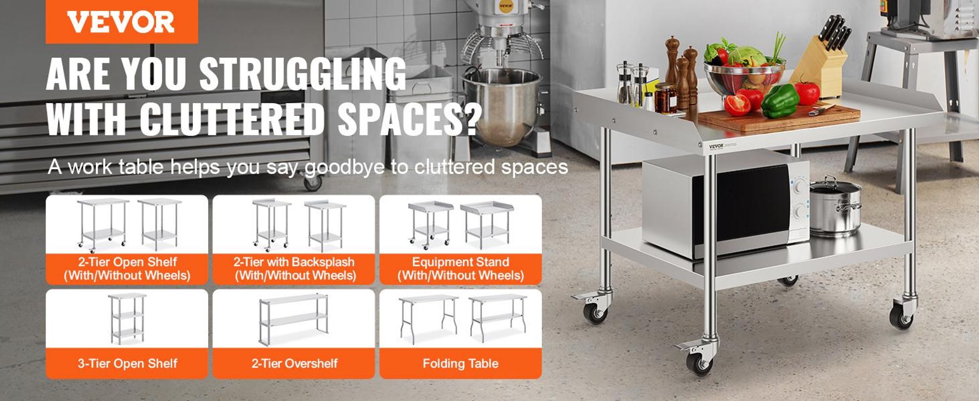 VEVOR Edelstahl Vorbereitungs Tisch, 24 x 24 x 34 Zoll, Schwerlast Metall Arbeitstisch mit 3 verstellbaren Höhenstufen, Gewerbliche Arbeitsstation für Küche Garage Restaurant Garten, 762x914x762 mm