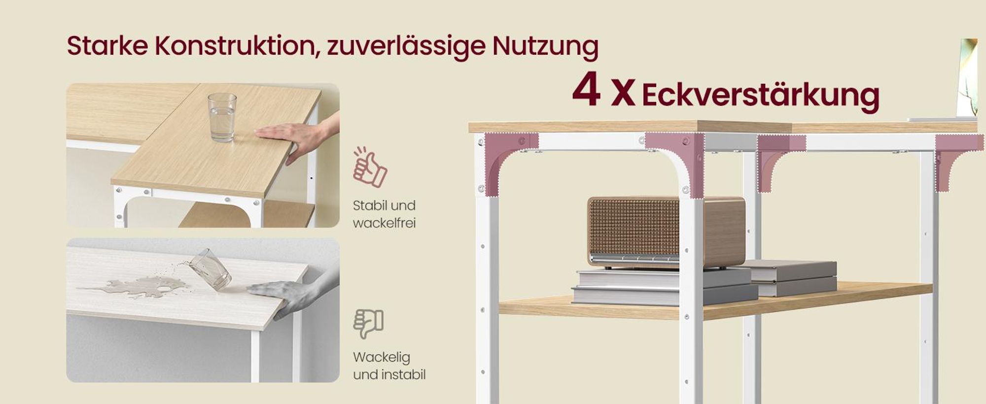 VASAGLE Schreibtisch mit Stauraum, L-Form Computertisch, höhenverstellbare Ablage, Büro, 110 x 80 cm, Natureichenfarben und Mattweiß