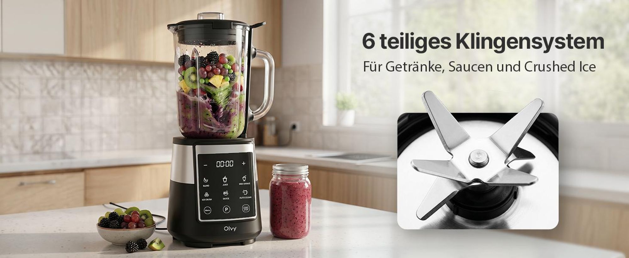 Olvy Standmixer, 1,5 L Glasbehälter mit 600ml Tritan-Becher, Touchscreen-Mixer mit Pulse-Funktion & Auto-Clean, Smoothie Maker und Ice Crusher