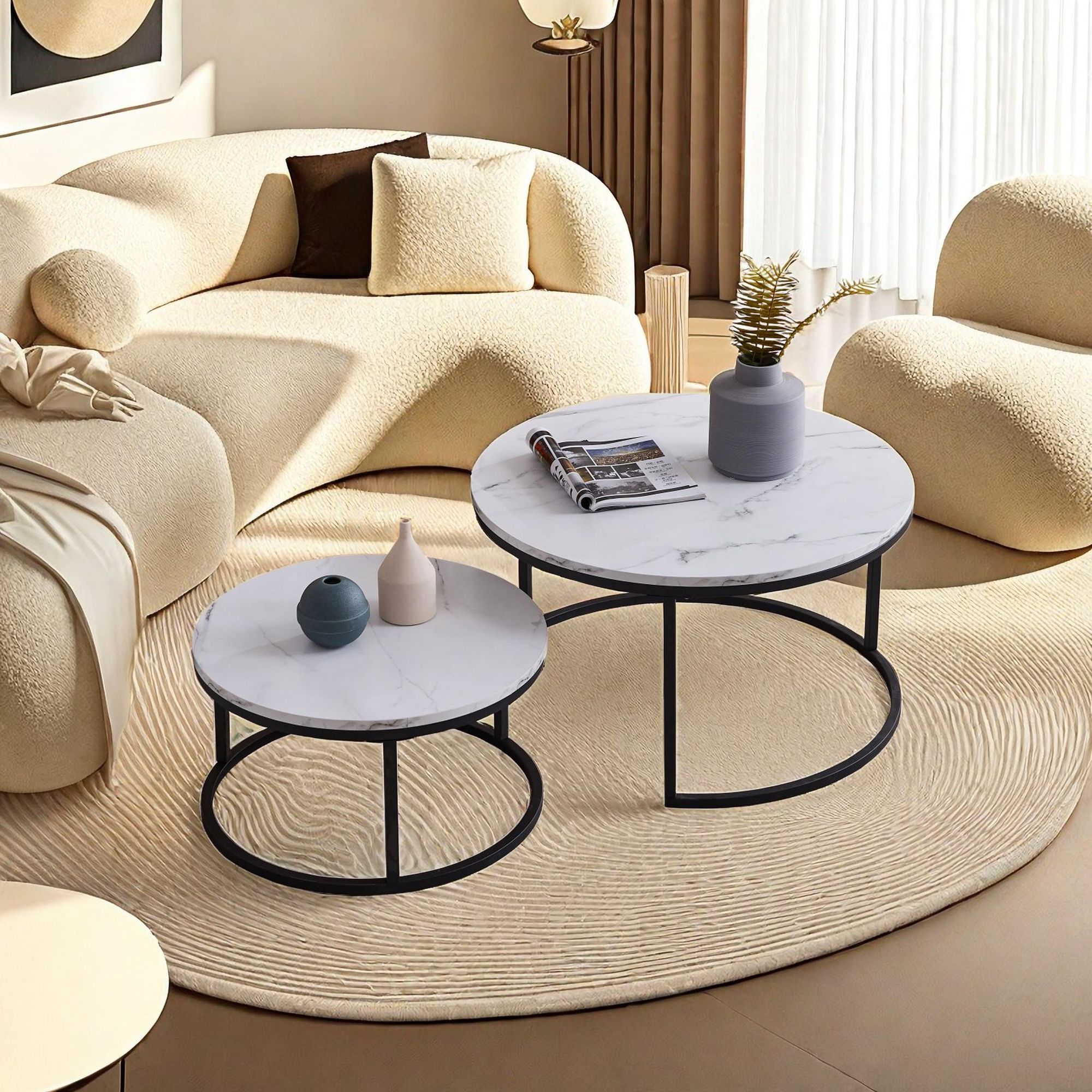 Fortuna Lai Couchtisch 2er Set Beistelltisch Rund 80 x 45 cm & 60 x 33 cm Wohnzimmertisch Sofatisch Marmor Muster Holztisch Metallrahme Schwarz