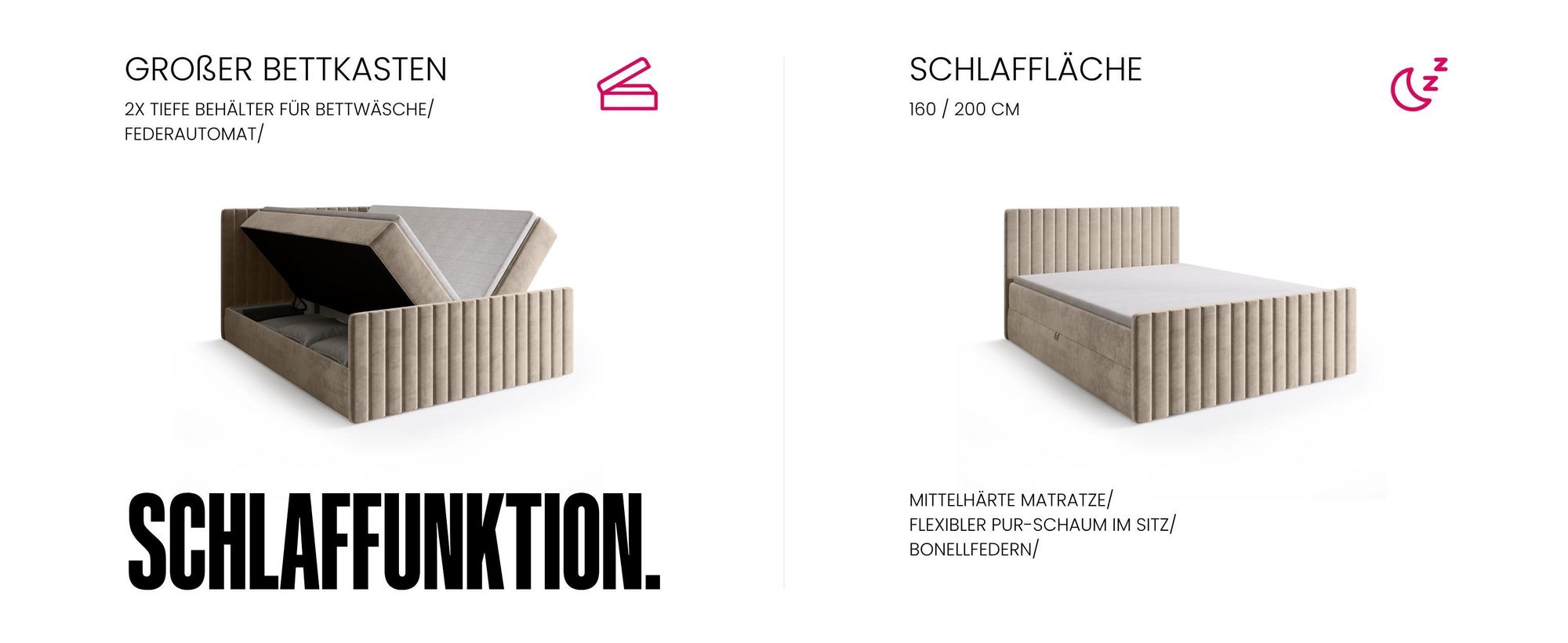 BroMARKT Boxspringbett DREAM DUO mit 2 Bettkasten, Bonell-matratze, Polsterbett, Bett (Schwarz, Kronos 07, 160x200 cm)