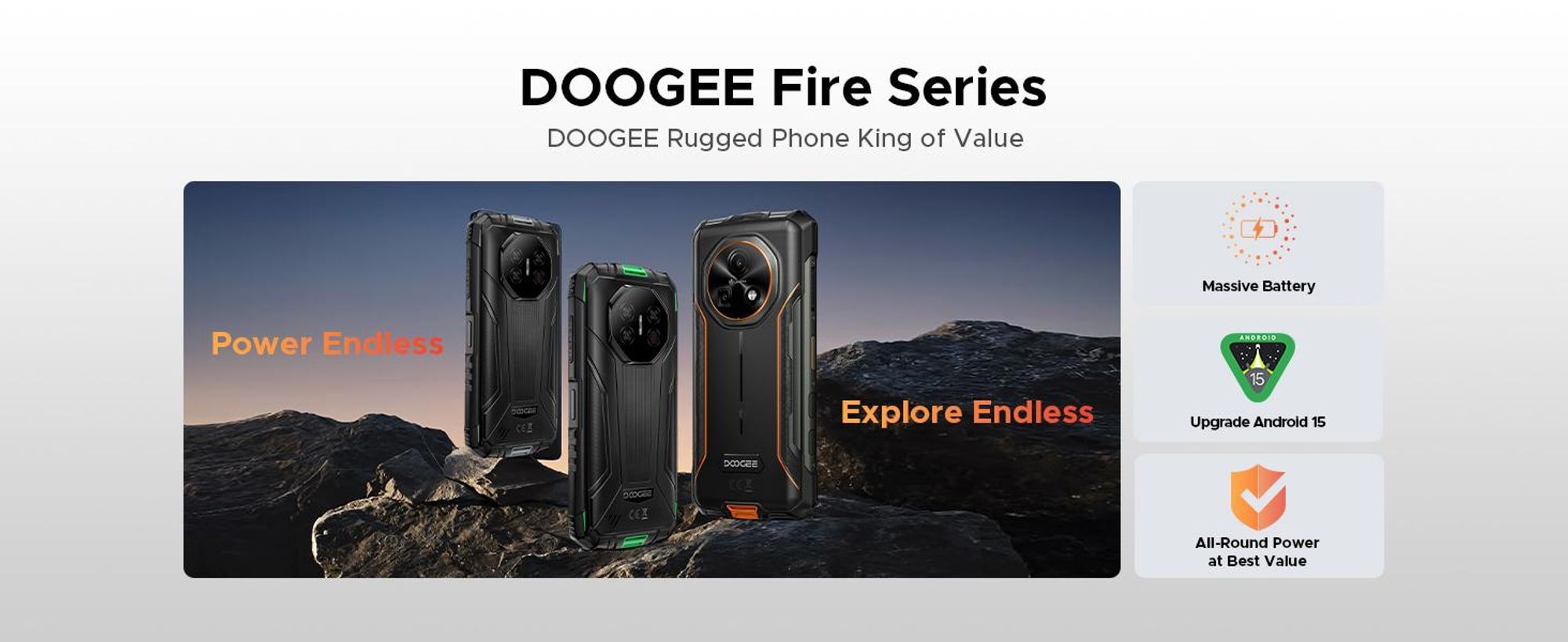 DOOGEE Fire 7 – Robustní outdoorový smartphone, 5G, Android 16, ochrana IP68/IP69K, 6,6" displej s obnovovací frekvencí 90 Hz, baterie 13000 mAh, 36+128 GB paměti, 64MP fotoaparát, NFC, čtečka otisků prstů, dual SIM, bez smlouvy