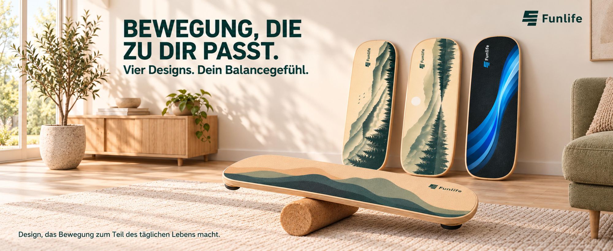 FunLife MOVE Balance Board Holz mit Rolle – Profi Gleichgewichtstrainer mit 3-stufigem Balance System, Core Training, Fitness & Stabilität, bis 150 kg