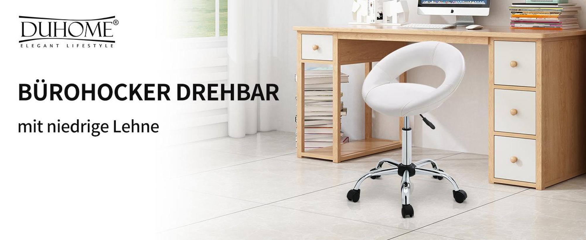 Duhome Rollhocker Drehhocker Schminkhocker Kunstleder Drehstuhl mit Lehne Bürohocker Höhenverstellbar, Weiß