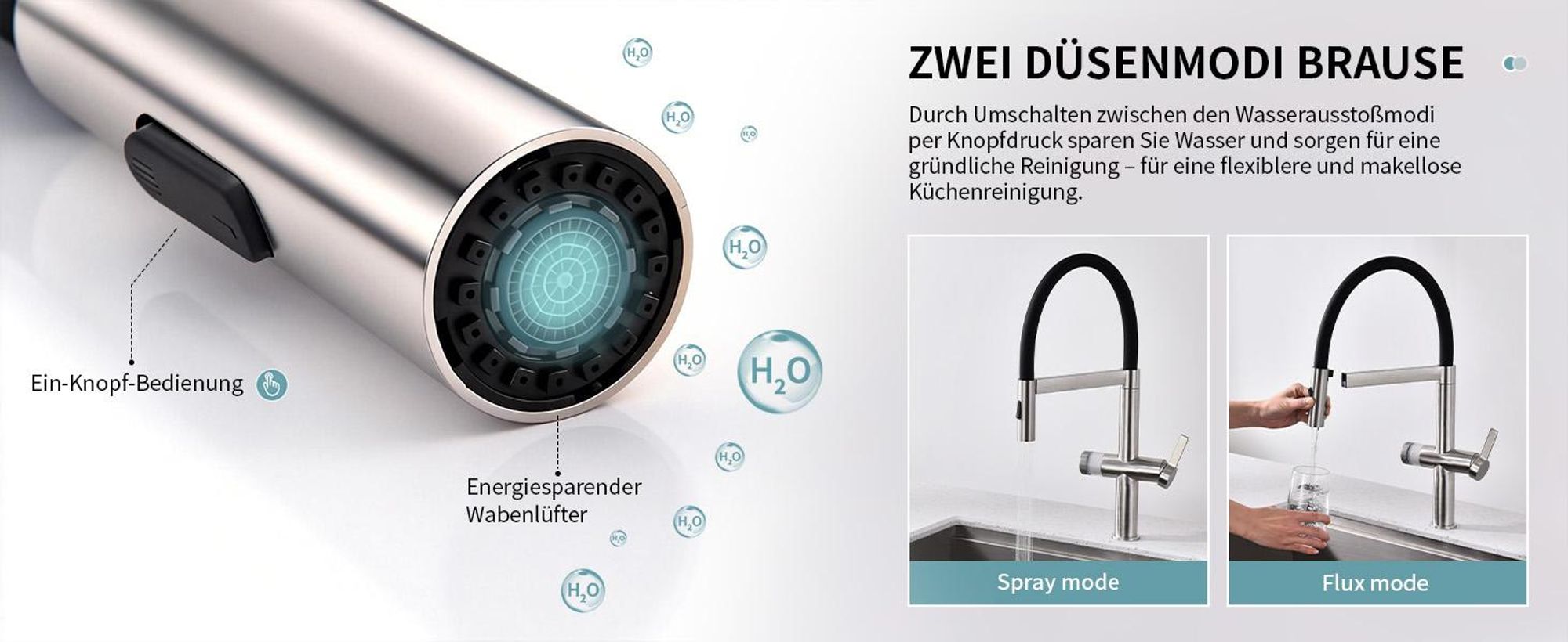 Homelody 304 Edelstahl Küchenarmatur, Ausziehbarer Auszug, Magnetisch, Filterfunktion, 2 Strahlarten, 360° Drehbar, Kaltstart-Ventil, für Doppelspülen