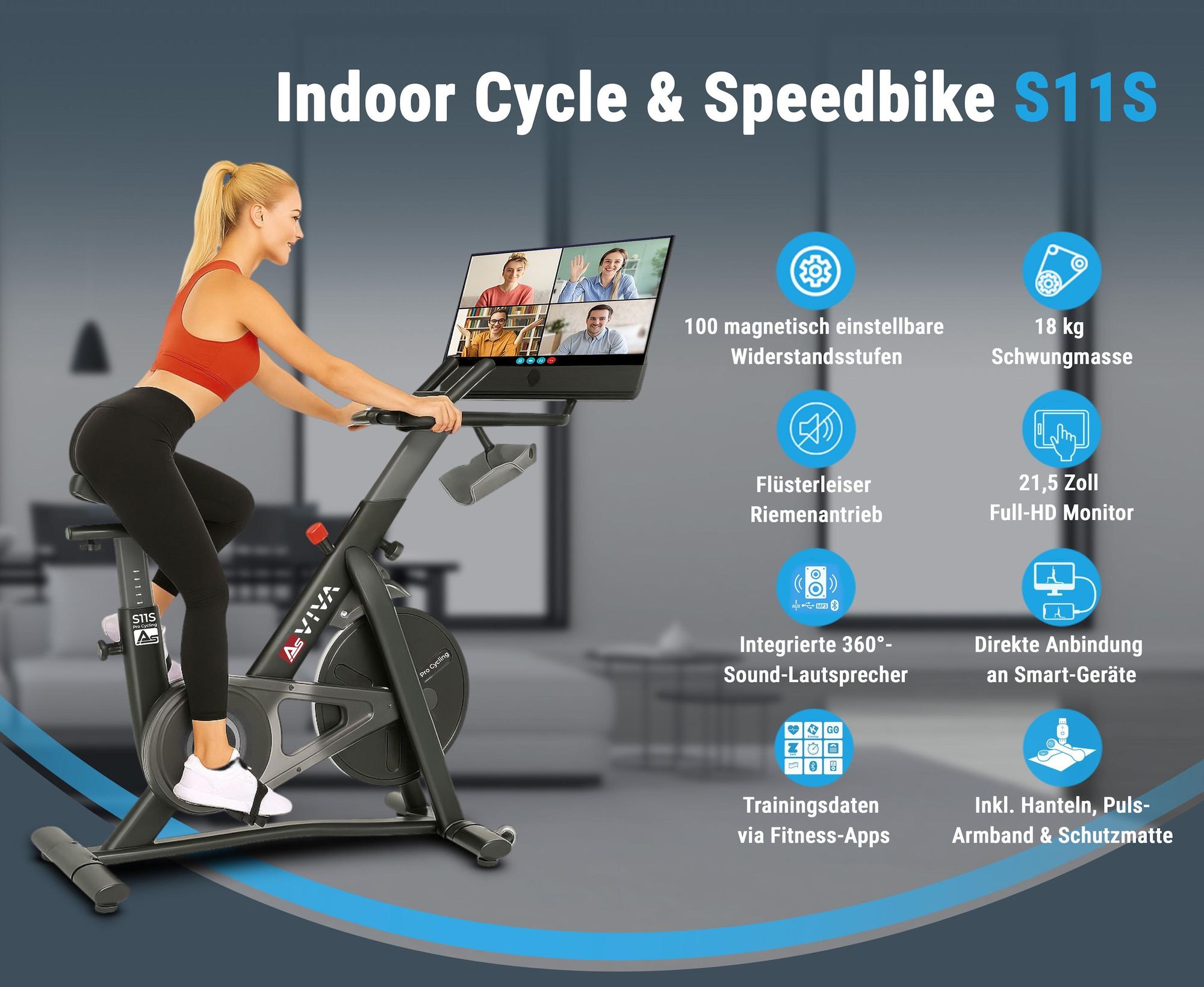 Indoor Cycle & Speedbike AsVIVA S11S | Fitnessbike mit 21,5 Zoll LED Display | 100 Widerstandsstufen | Ergometerfunktion | 360 Grad Lautsprecher
