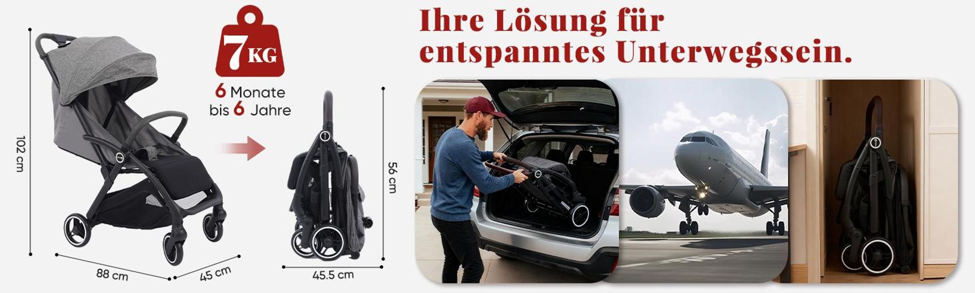 Sekey Kinder Buggy Reise Kinderwagen bis 22 kg verstellbare Rückenlehne, Regenschutz und Sichtfenster, Einhand-Faltmechanismus, Schwarz und Grau