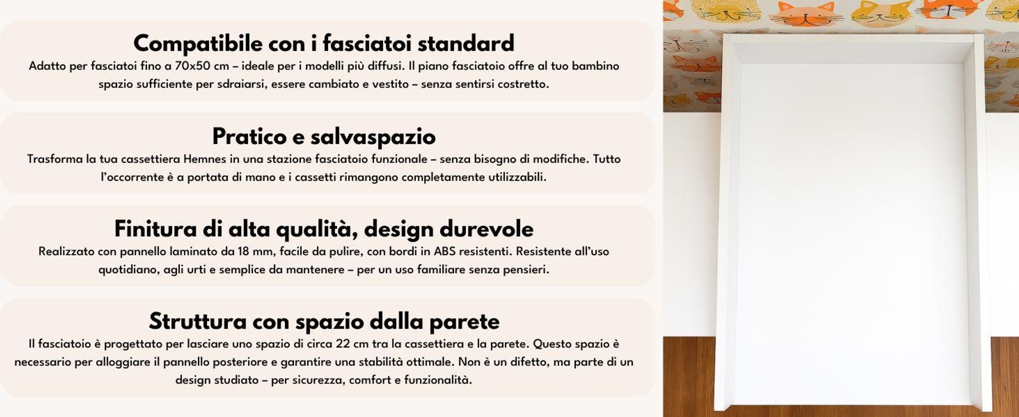 piano fasciatoio regalik per Kullen di IKEA, Piano fasciatoio per cassettiere da 40 cm, Piano fasciatoio rimovibile, Pannelli frontali arrotondati, Bianco, 72cm x 54cm