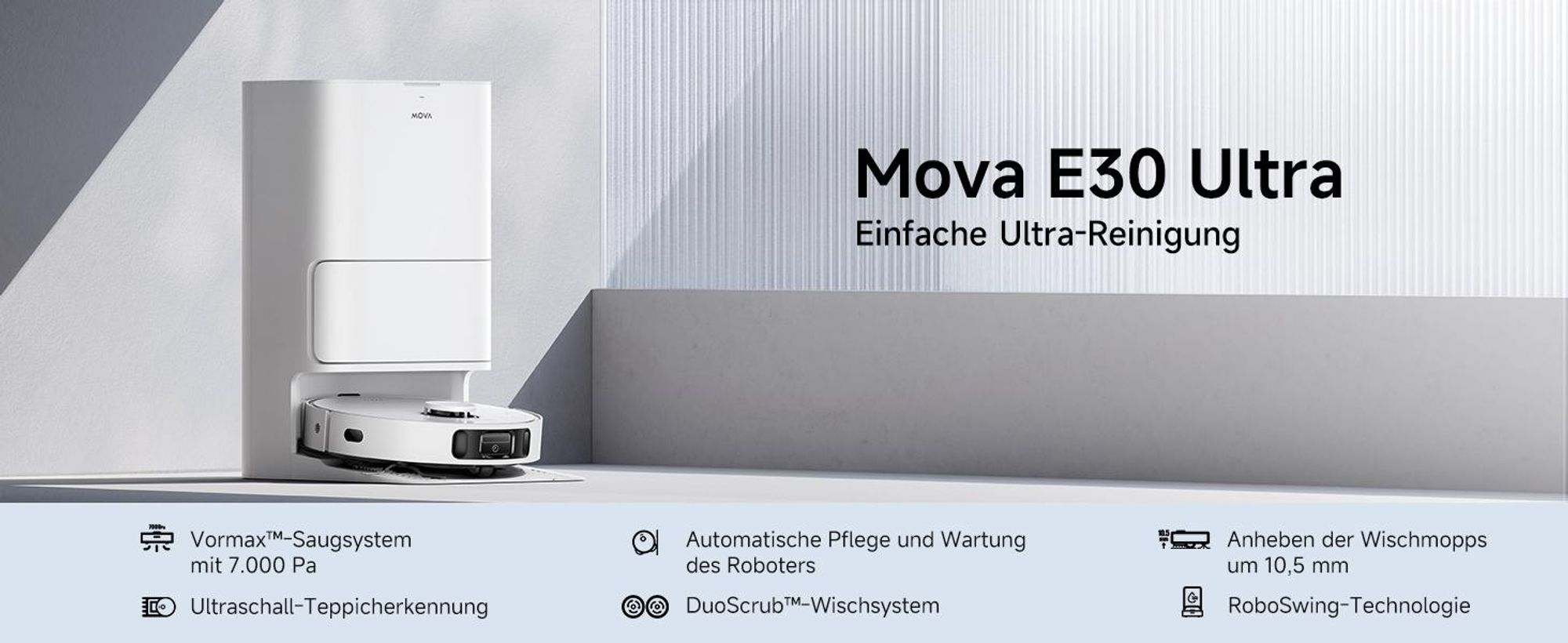 MOVA E30 Ultra Saugroboter mit Wischfunktion, 7000 Pa Saugleistung, 10 mm Wischmopp-Anhebung, Auto-Entleerung & Selbstreinigung