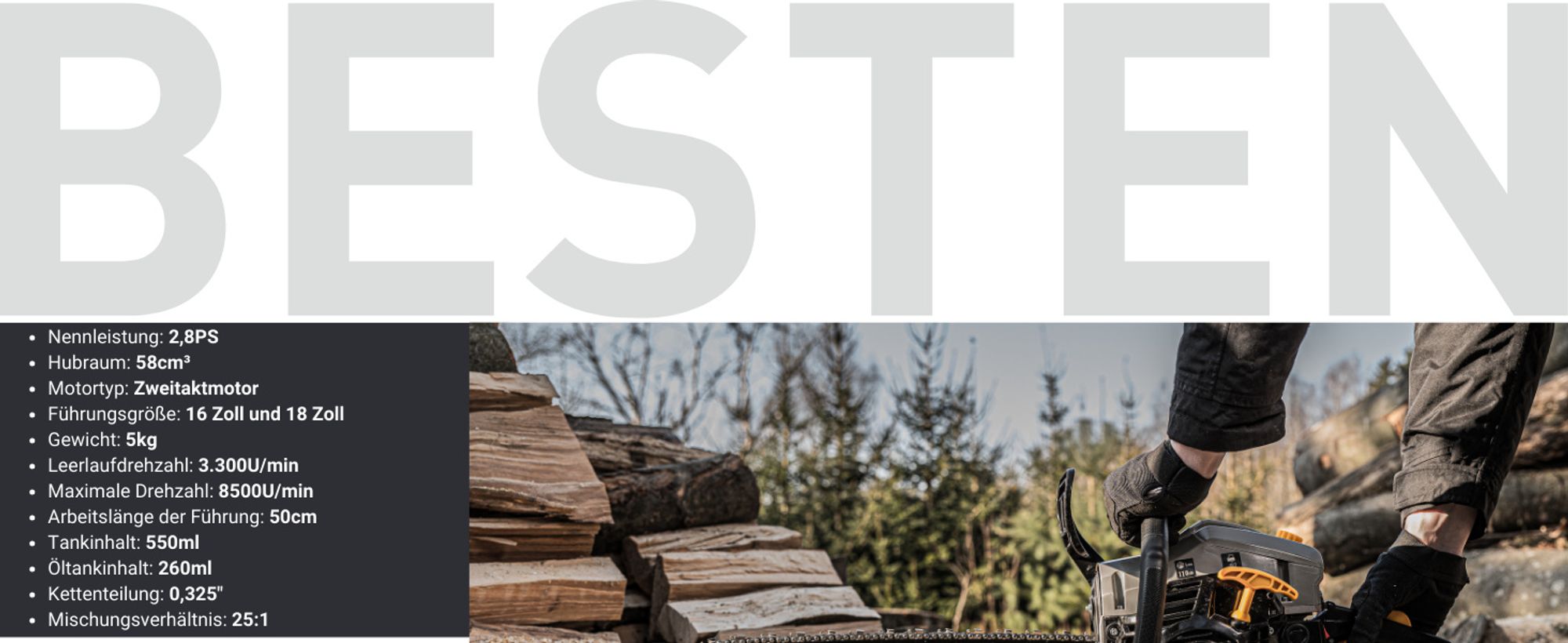 BESTEN Benzinsäge, Benzin Kettensäge, 58CC Holzkettensäge, 2x Kette, 2x Führungsschiene + Öl