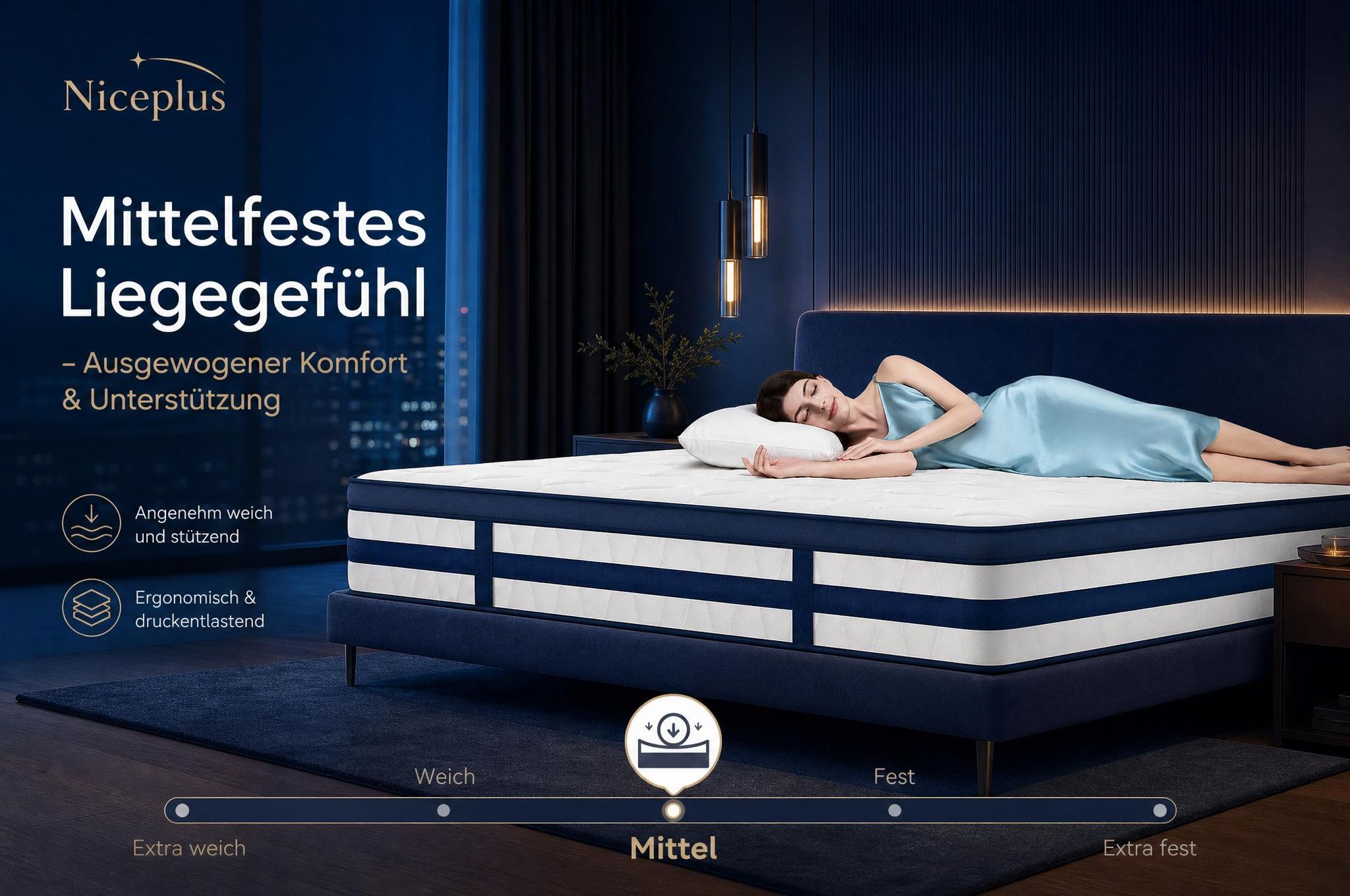 Niceplus Matratze 140x200 26cm Integrierter Topper 7 Zonen Taschenfederkern H4 + 2. Kopfkissen gratis nur bei Mitbestellung im selnkorb