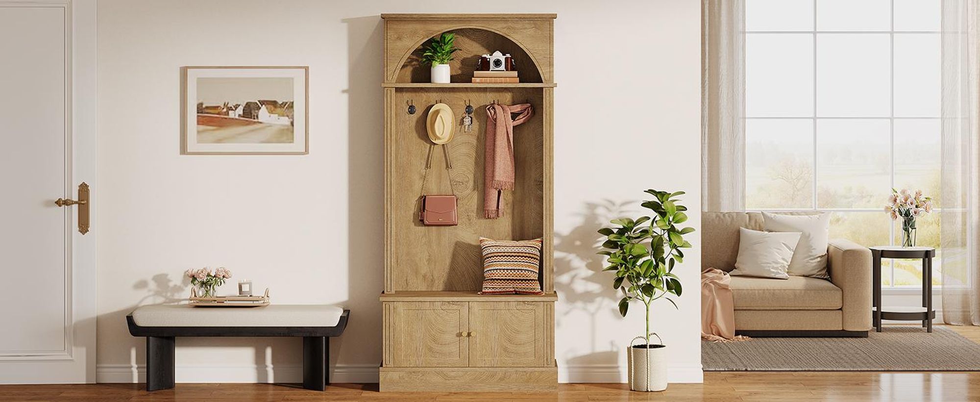 Kleiderschrank, 4 in 1 Garderobe, Garderobenständer mit 5 Doppelhaken, Flurgarderobe mit Sitzbank und Schuhschrank, für Flur Eingangsbereich