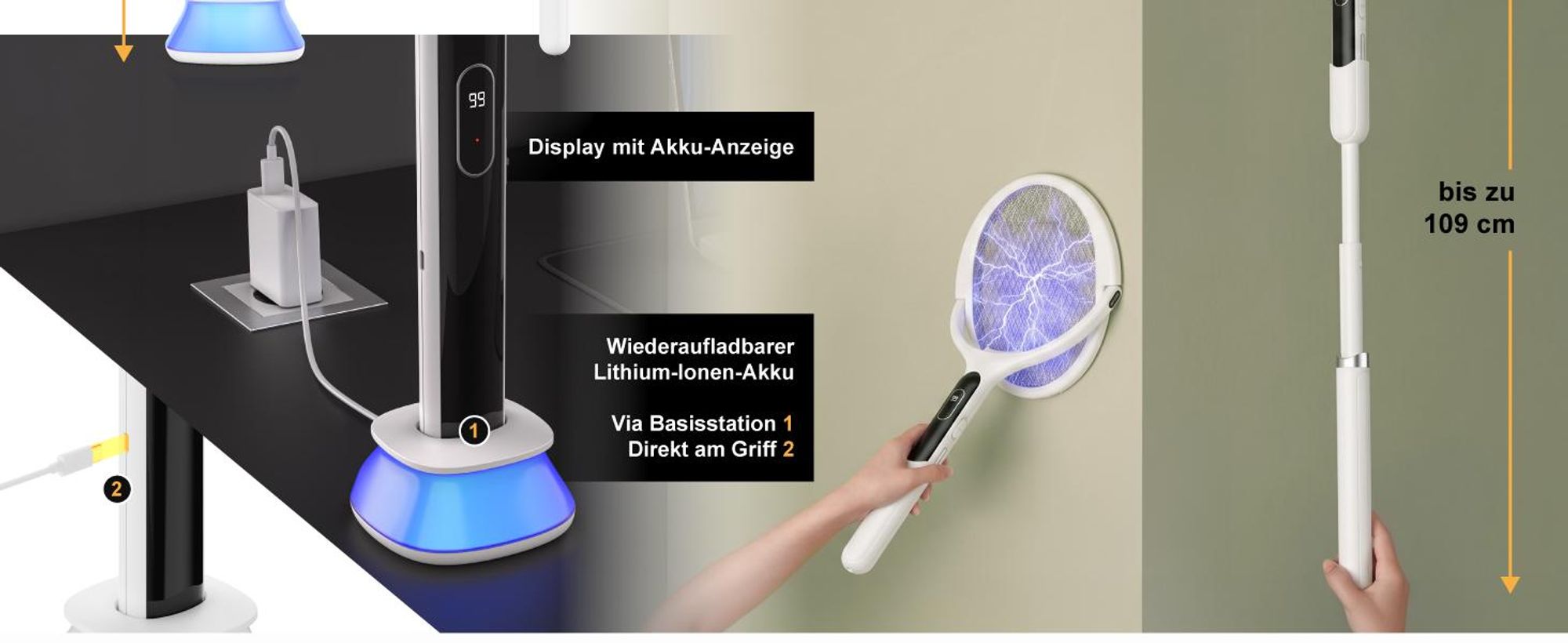 Brandson Fliegenklatsche elektrisch, Akku, USB-C, Insektenklatsche mit UV-Falle, Insektenvernichter, 2700 V Hochspannung, AUTO-Modus, Akku-Display, rotierendes Kopfdesign