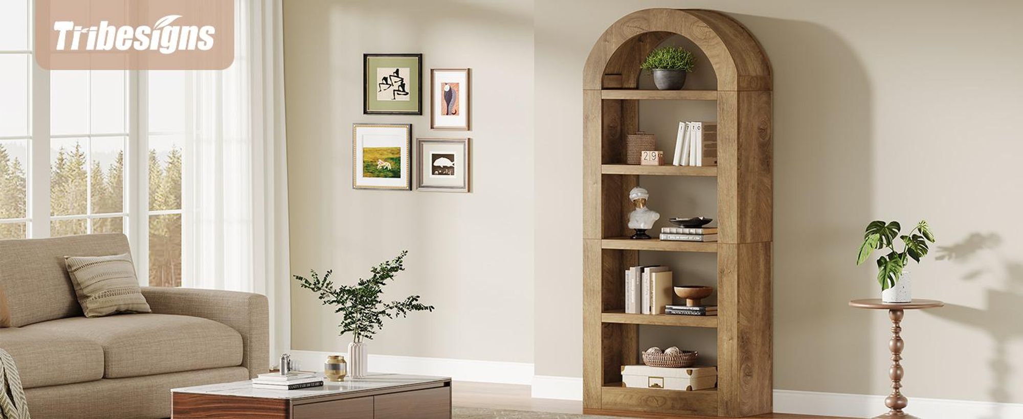 Tribesigns 180 cm Bücherregale, gewölbt Standregale mit Stauraum, 5-stöckiges offenes Bücherregal aus Holz mit Ablageflächen, naturfarben