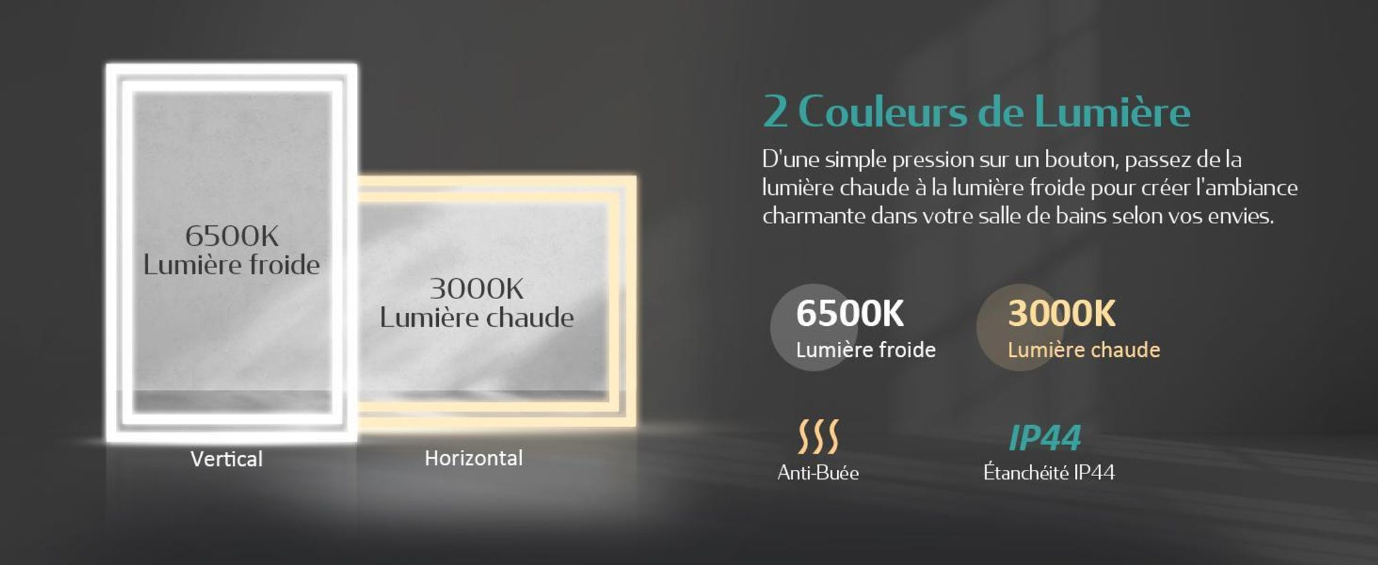Miroir de salle de bain EMKE LED avec éclairage 50X70 cm anti-buée, miroir mural miroir de salle de bain avec interrupteur mécanique, couleurs de lumière 3000K/6500K, IP44