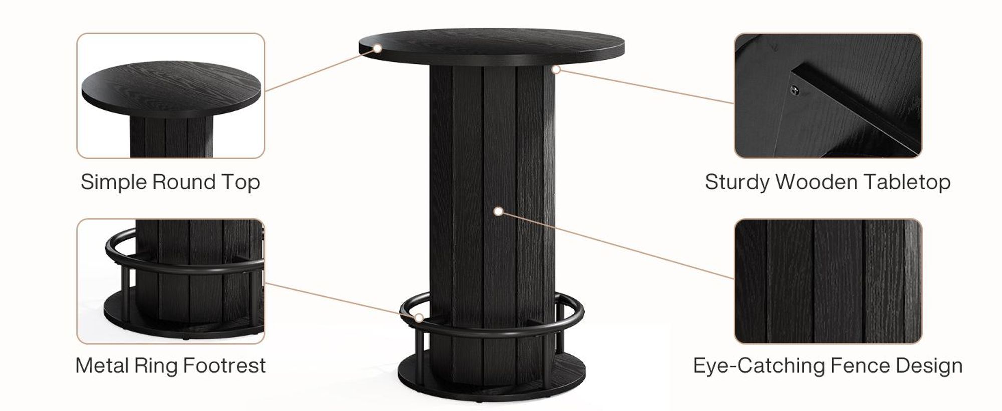 Tribesigns runder Bartisch, 100 cm hoch, Bistrotisch aus Holz mit Metallring-Fußstütze für Essbereich, Kaffeebar, kleine Räume, Schwarz