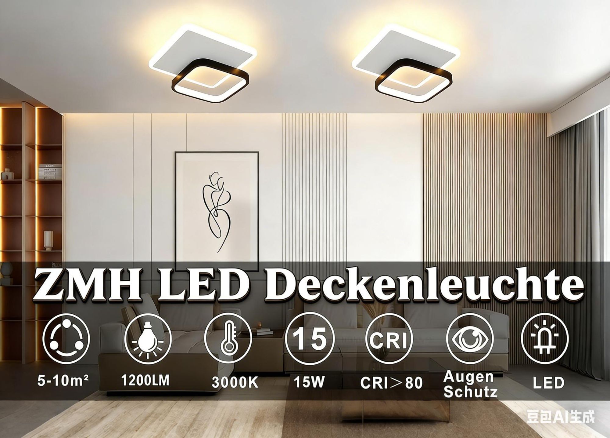 ZMH LED Deckenleuchte Wohnzimmer 3000K Warmweiß Deckenlampe 15W Acryl Deckenbeleuchtung Modern Schwarz für Schlafzimmer Esszimmer Küche Flur