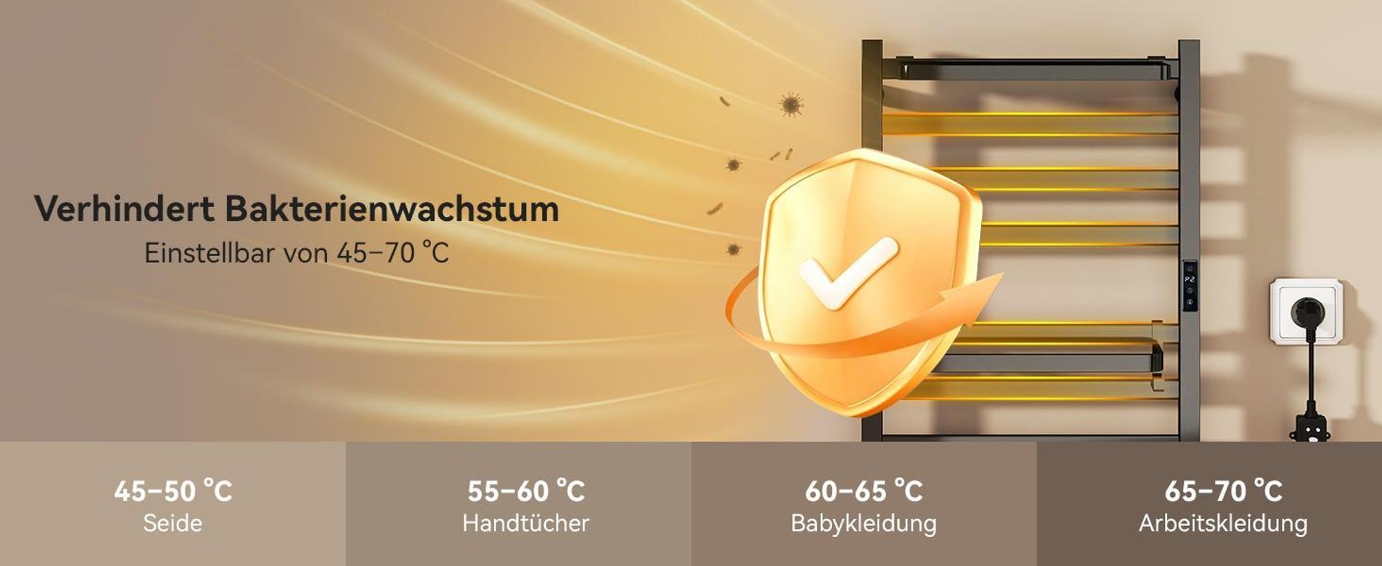 Puluomis Heizkörper Elektrischer Handtuchwärmer mit LED-Touchdisplay, 45-70°C einstellbar, Timer, 90° drehbares Ablagefach, RCCB Schutz schwarz