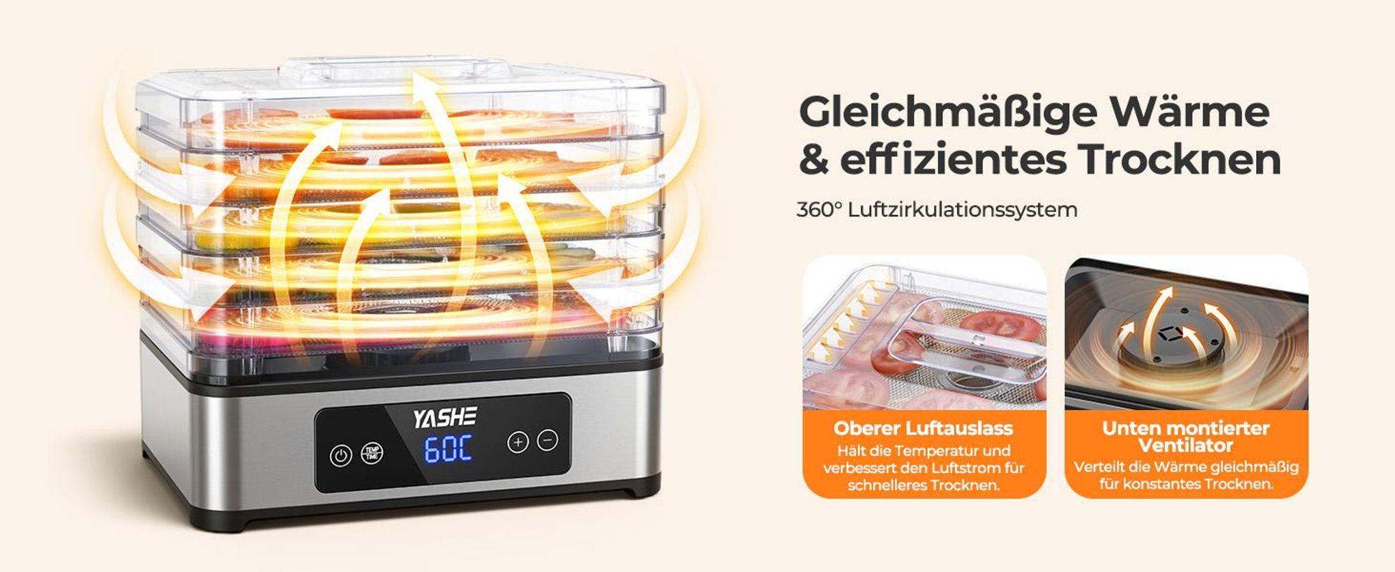 YASHE Dörrautomat FD-1019, 5 Edelstahlgitter, 400 W, 35–70 °C