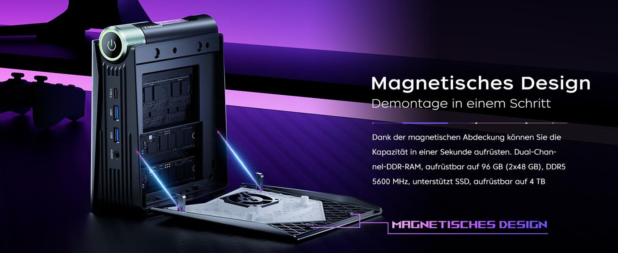ACEMAGIC S3A Gaming Mini PC,AMD Ryzen 7 H 255(Bis zu 4,9 GHz),16GB RAM LPDDR5 512GB SSD, AMD Radeon 780M Grafik,3 Leistungsmodi, WiFi 6