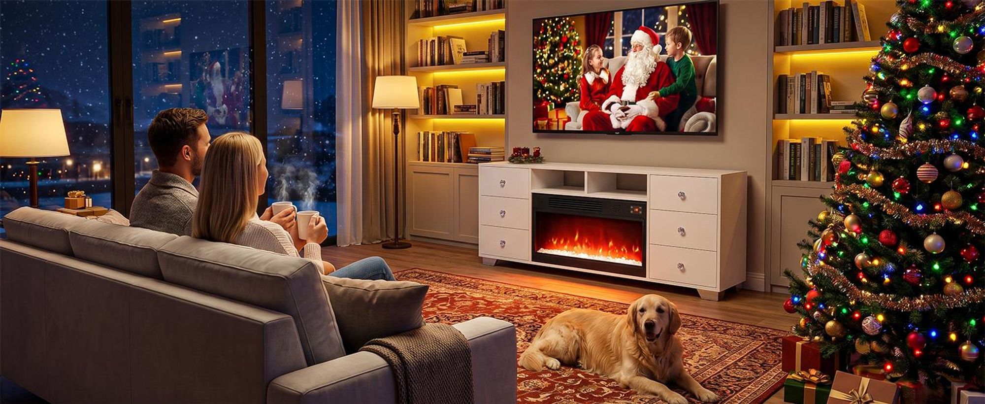 VANITII TV-Schrank mit kamin,TV-Lowboard mit farbwechselndem LED-Beleuchtung 6 Schubladen Weiβ 140 x 40 x 65 cm