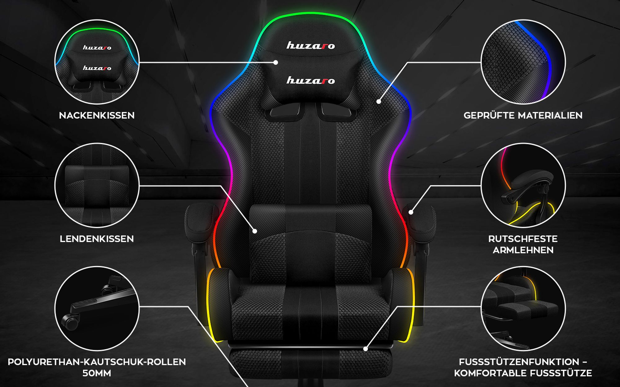 Huzaro Force 4.7 RGB | LED Gaming Stuhl Computerstuhl | 90-140° Neigungswinkel | Kopfstütze Lendenkissen Höhenverstellbar Fußstütze | 140 kg | Schwarz