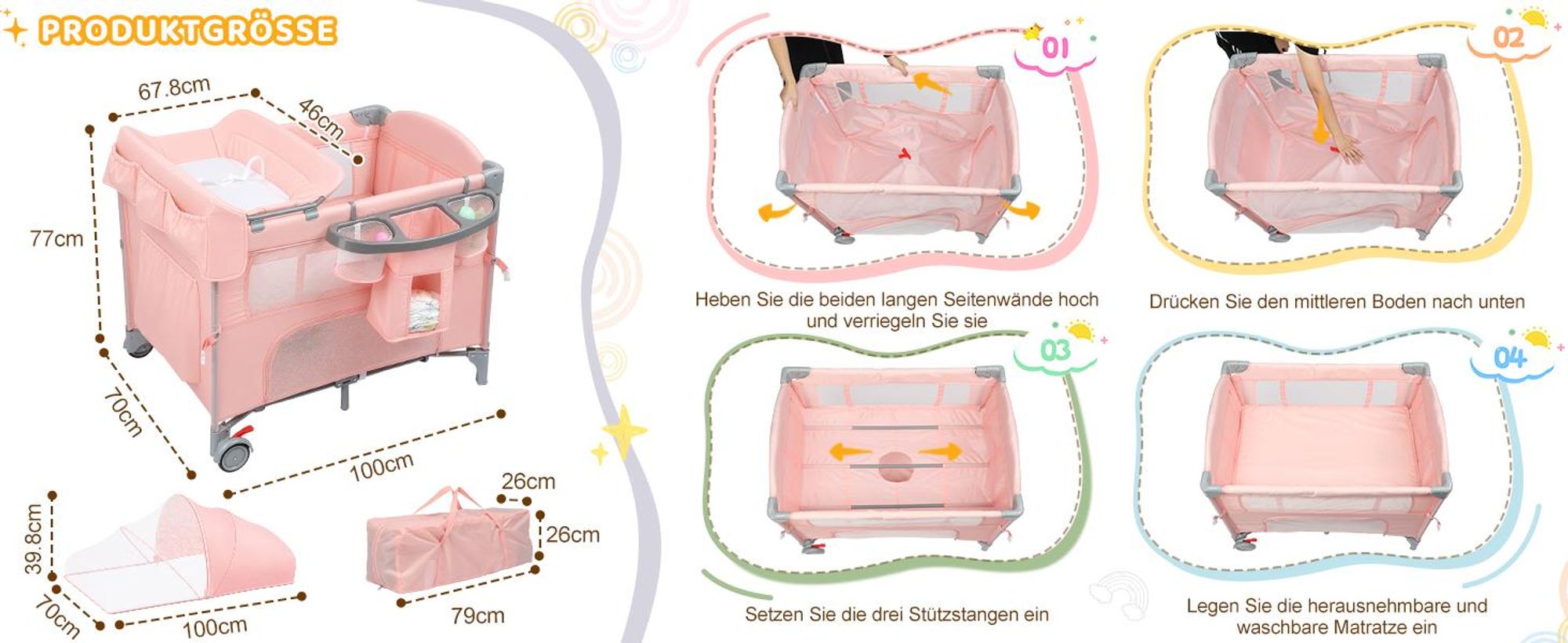 LEADZM 5‑in‑1 Baby Reisebett klappbar, multifunktionales Babybett als Beistellbett, Laufstall, Wickeltisch & Reisebett, mit Moskitonetz,Rosa