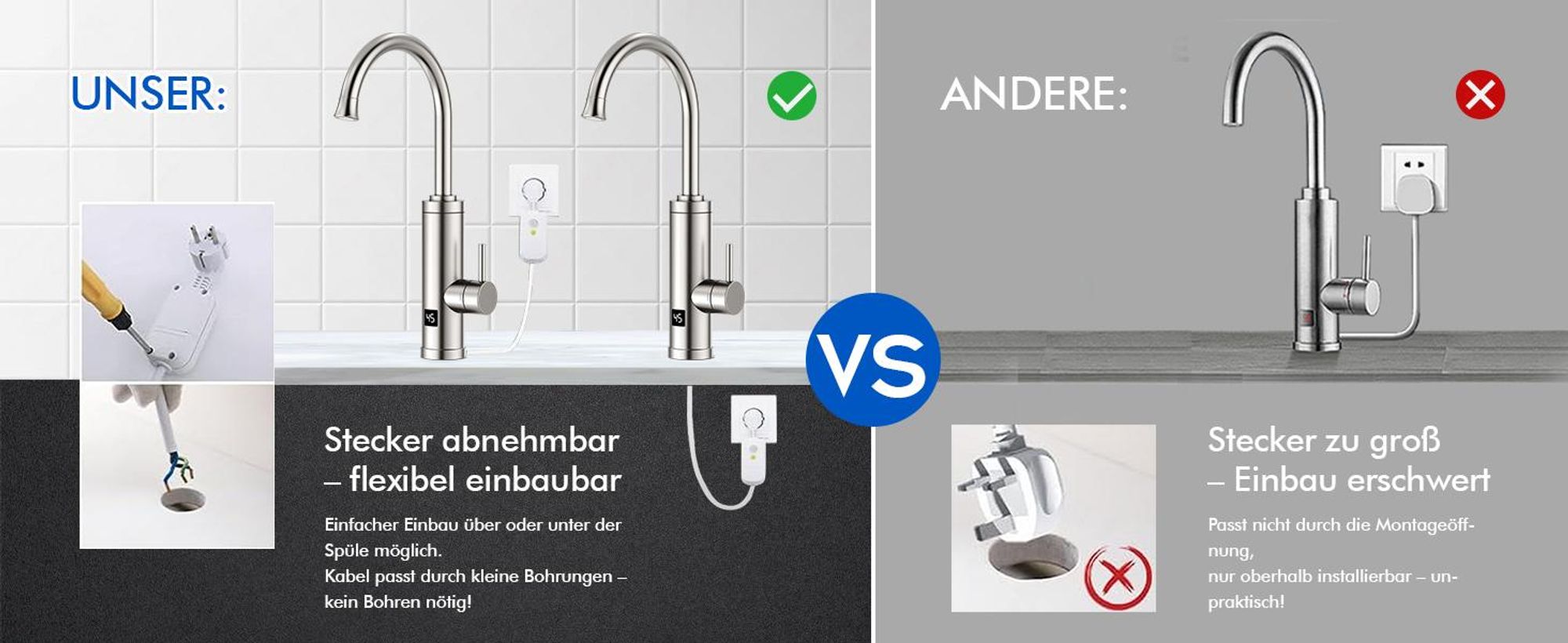 Homelody Elektrischer Wasserhahn mit Durchlauferhitzer, 230V 3300W Elektrischer Küchenarmatur mit LED Temperaturanzeige 360° Drehung SUS304 Edelstahl