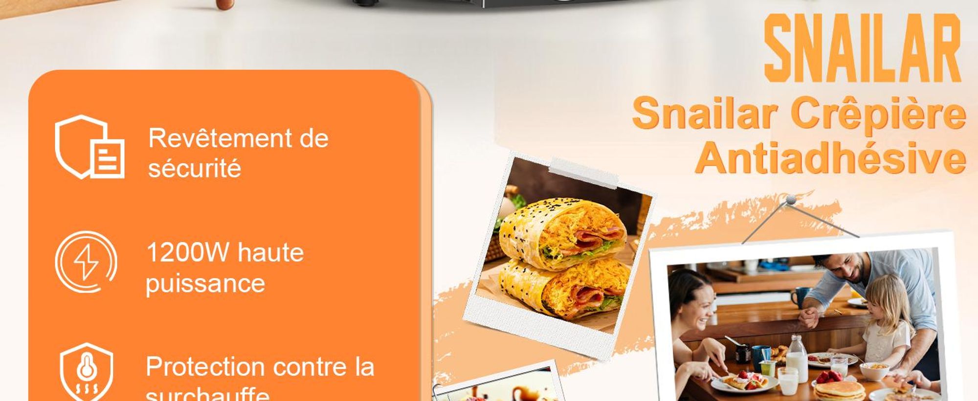 SNAILAR Crêpière AN-110, 1200 W, plaque 30 cm, noire