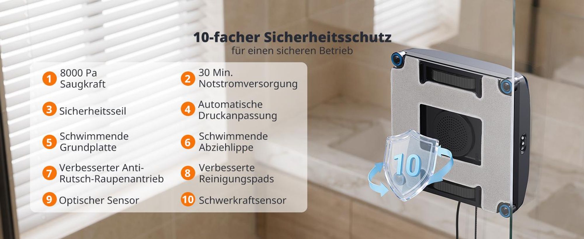 AIRMSEN Fensterputzroboter, 3400 Pa Saugkraft, 6 Sprühdüsen, 180 ml Wassertank, 4 Schwimmwischer, 4 Reinigungsmodi, geräuscharmer Glasreiniger