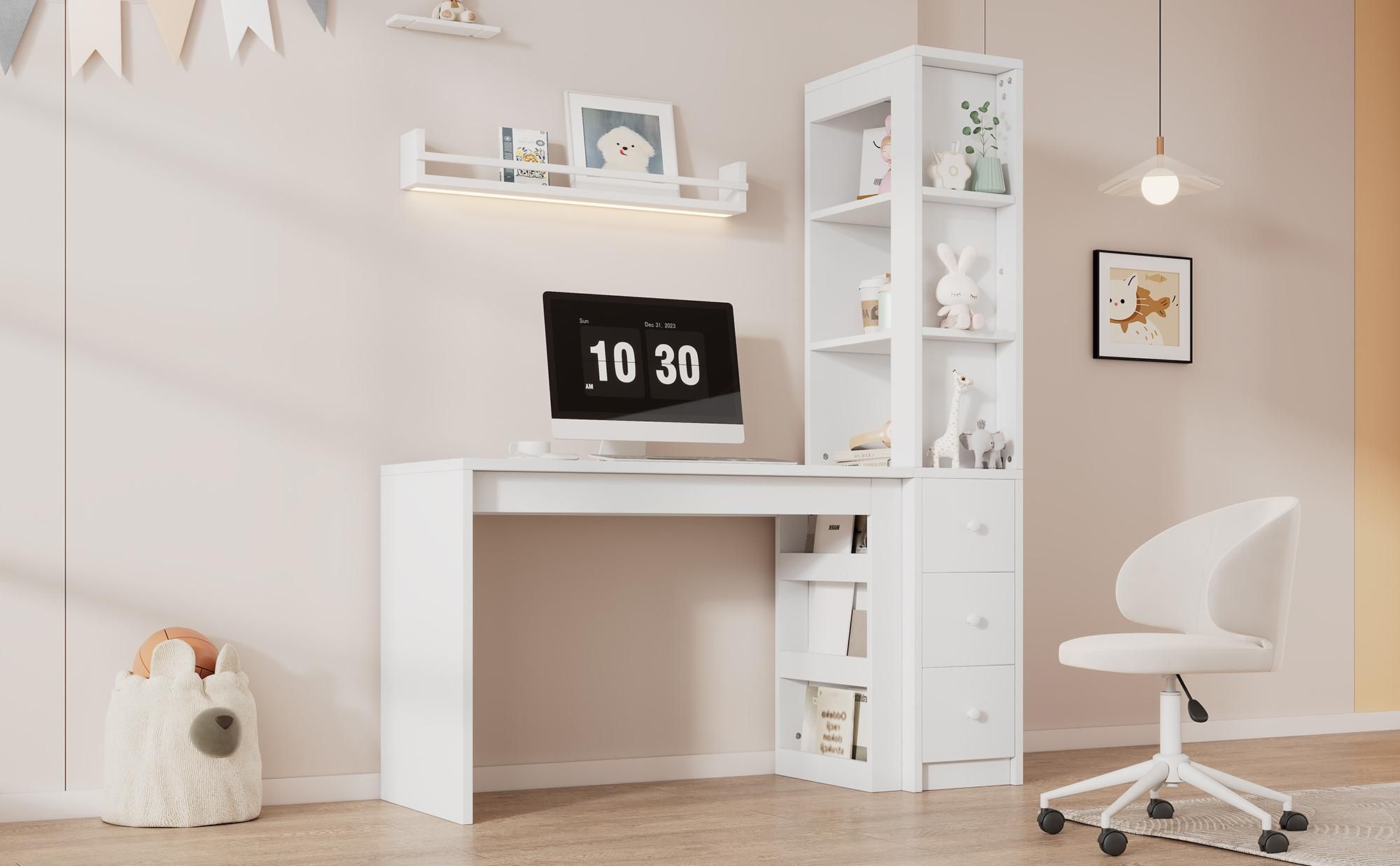Merax Schreibtisch mit Bücherregal, Arbeitstisch mit 3 Schubladen & Seitenschrank, Offene Regale, modernes minimalistisches Design, Weiß