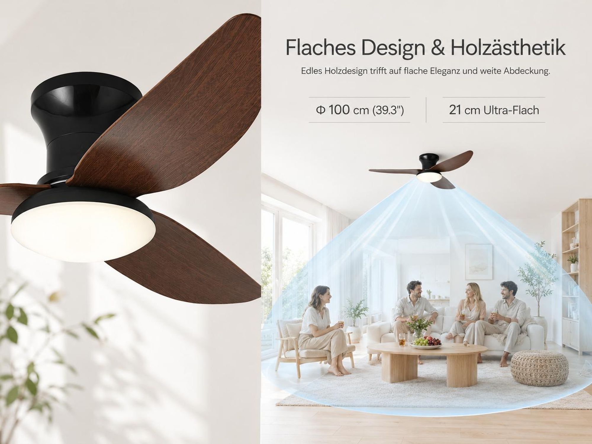 Deckenventilator mit Beleuchtung leise, Ø100cm DC Motor 6 Stufen, Smart APP & Fernbedienung, Dimmbar 3 Farben Umkehrbare Windrichtung Wohnzimmer Büro