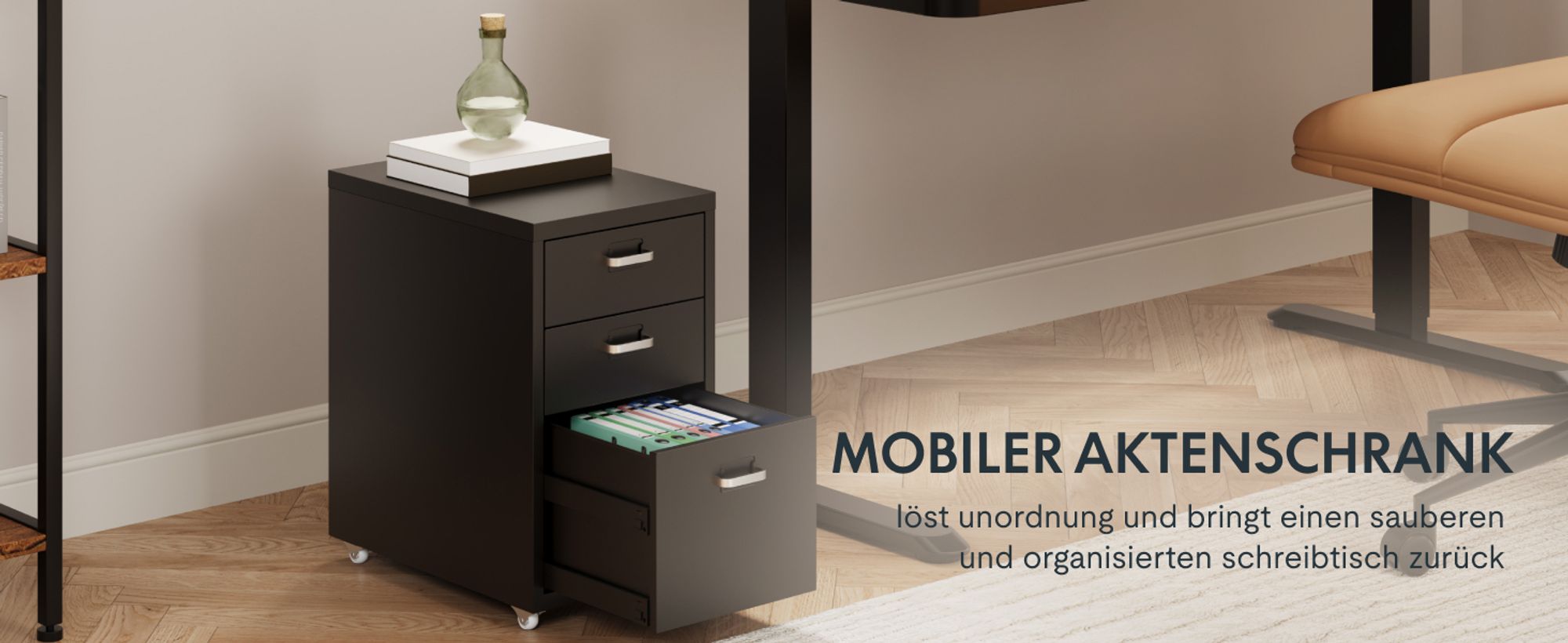 FLEXISPOT Rollcontainer Büroschrank mit 3 Schubladen, Aktenschrank Metallschrank Kommode mit Rädern, Unterschrank für Zuhause und Büro (Schwarz)
