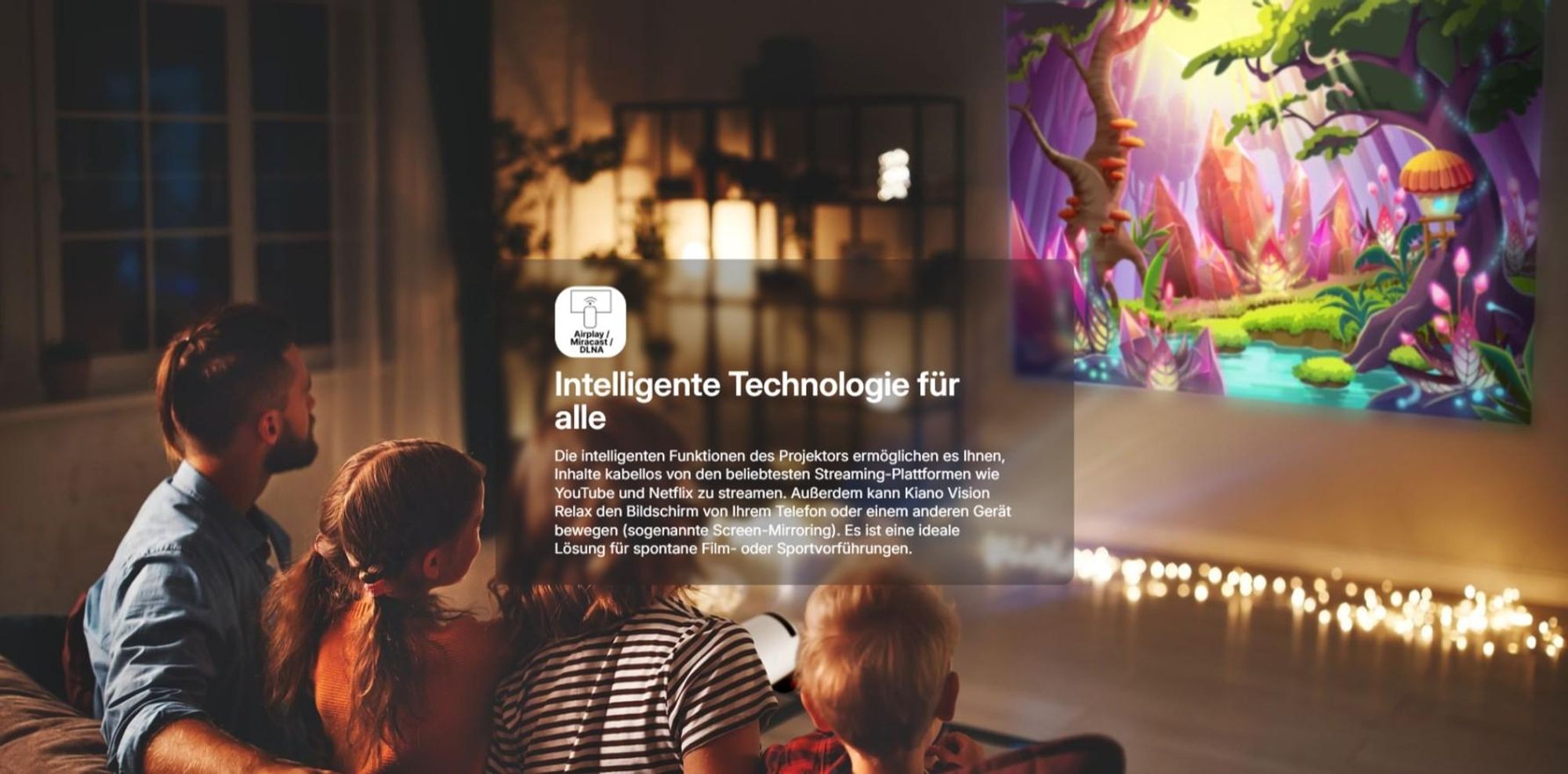 Kiano Relax Projektor Mini Tragbarer Beamer Smart TV, Trapezkorrektur, 1280x720, Android/iOS, 140 ANSI, Android, DLNA, Wi-Fi