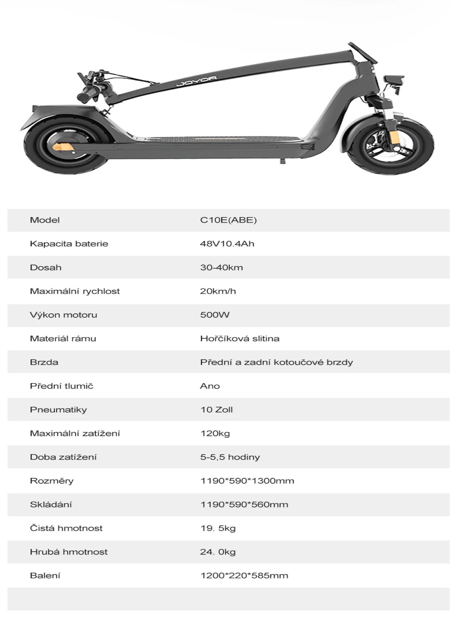 JOYOR C10E Elektrická koloběžka - 500W Motor 48V10.4AH Baterie 10 Palcové Pneumatiky ABE  Kotoučové Brzdy - Černá