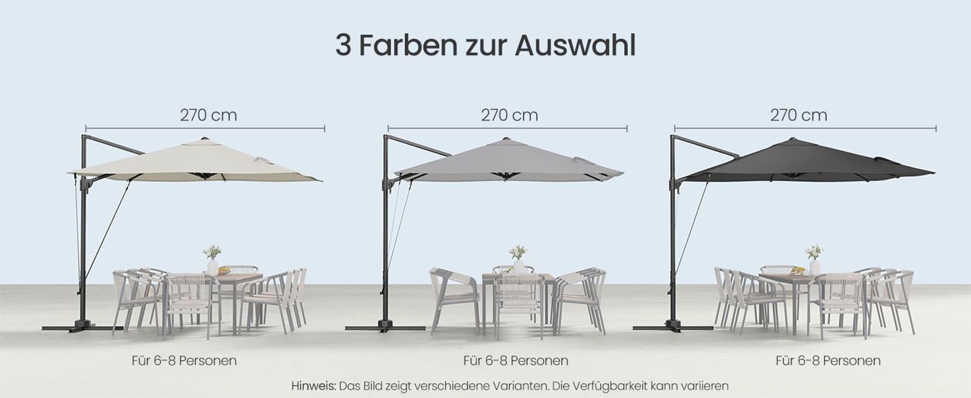 SONGMICS Sonnenschirm 270cm, Ampelschirm, UPF 50+, um 360° drehbar, mit Kurbel, Kreuzfuß