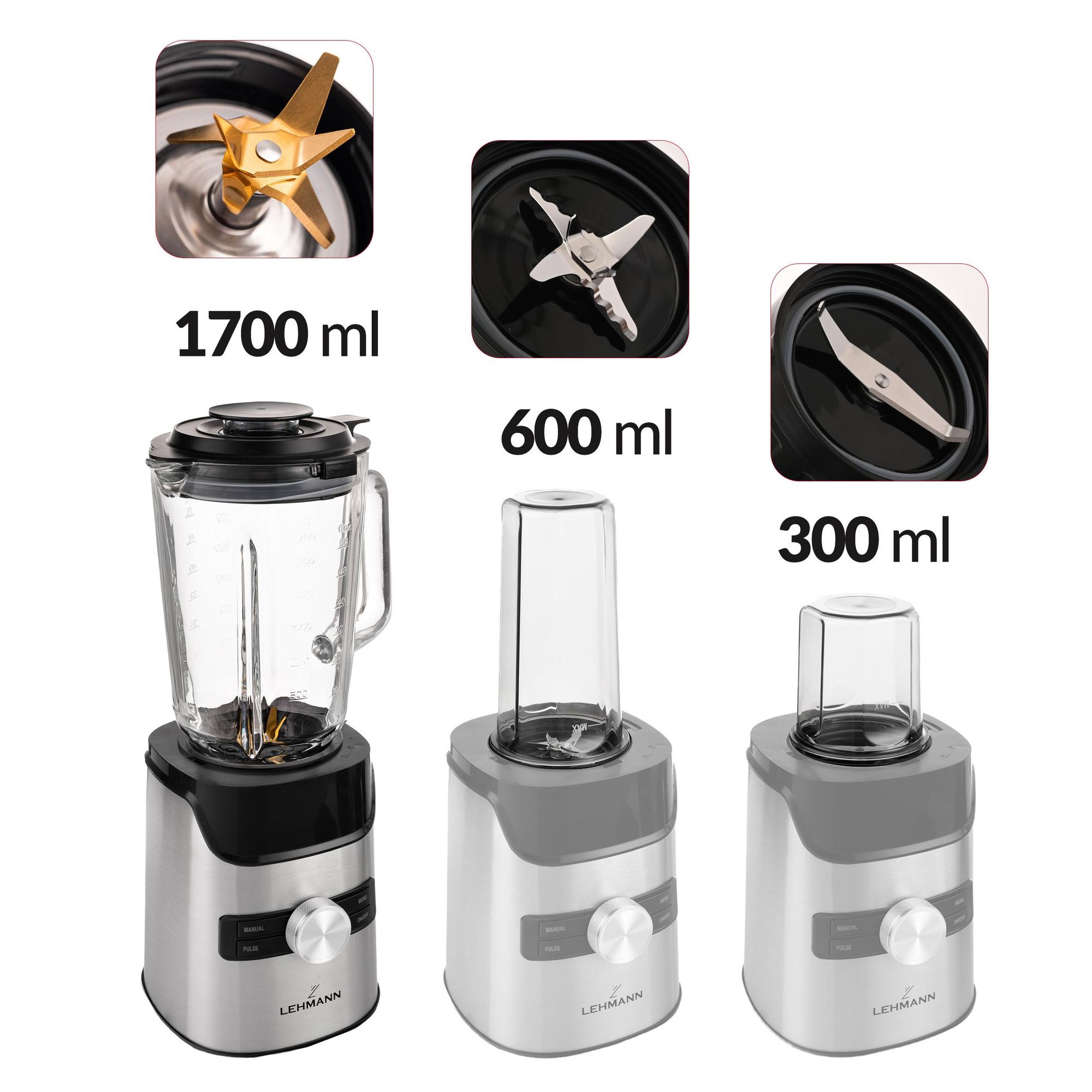 Mocny Blender Kielichowy Lehmann Senso 2000W Szklany 1,7L | Mikser Smoothie Koktajli Lodu | 2x Bidon Cup Młynek do Kawy | Stal Nierdzewna Złote ostrza