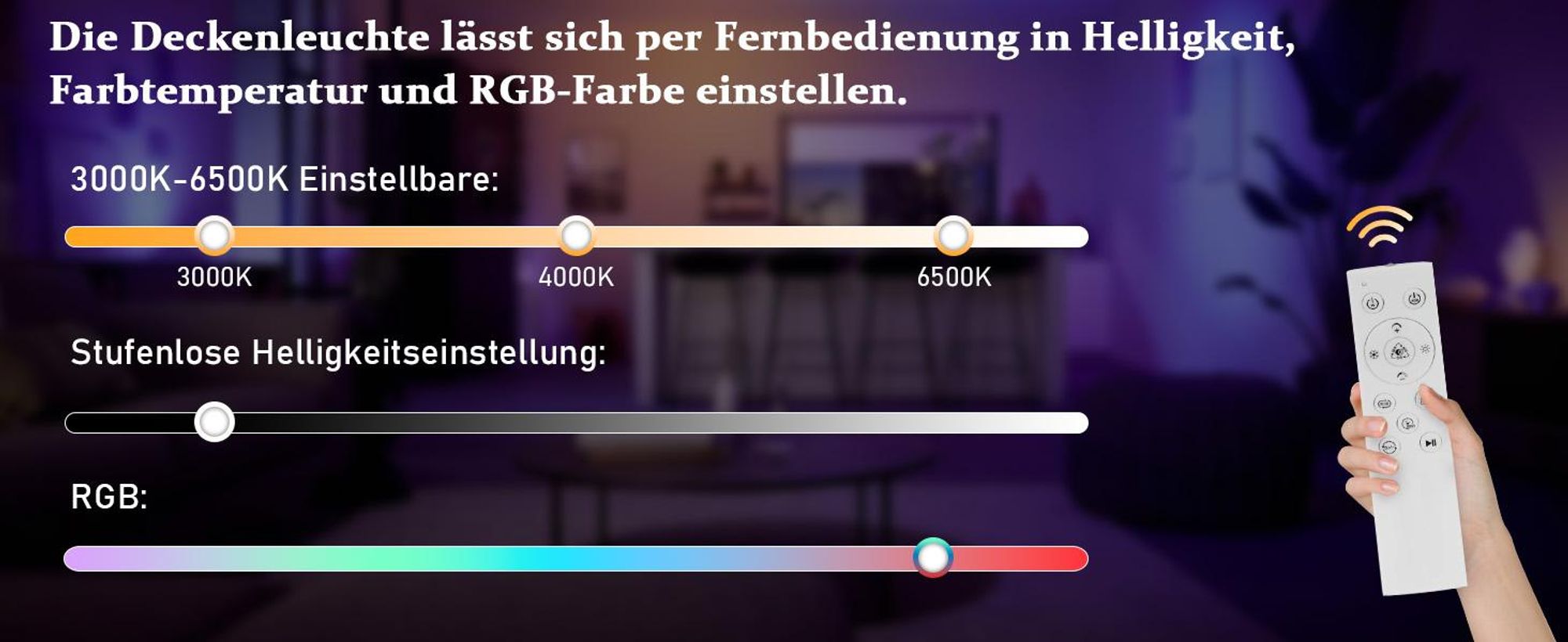 Lampa sufitowa panelowa LED ZMH z funkcją ściemniania, panel sufitowy RGB ze zmianą kolorów, długa, płaska lampa sufitowa z pilotem, duża lampa 24 W do biura, pokoju zabaw i salonu