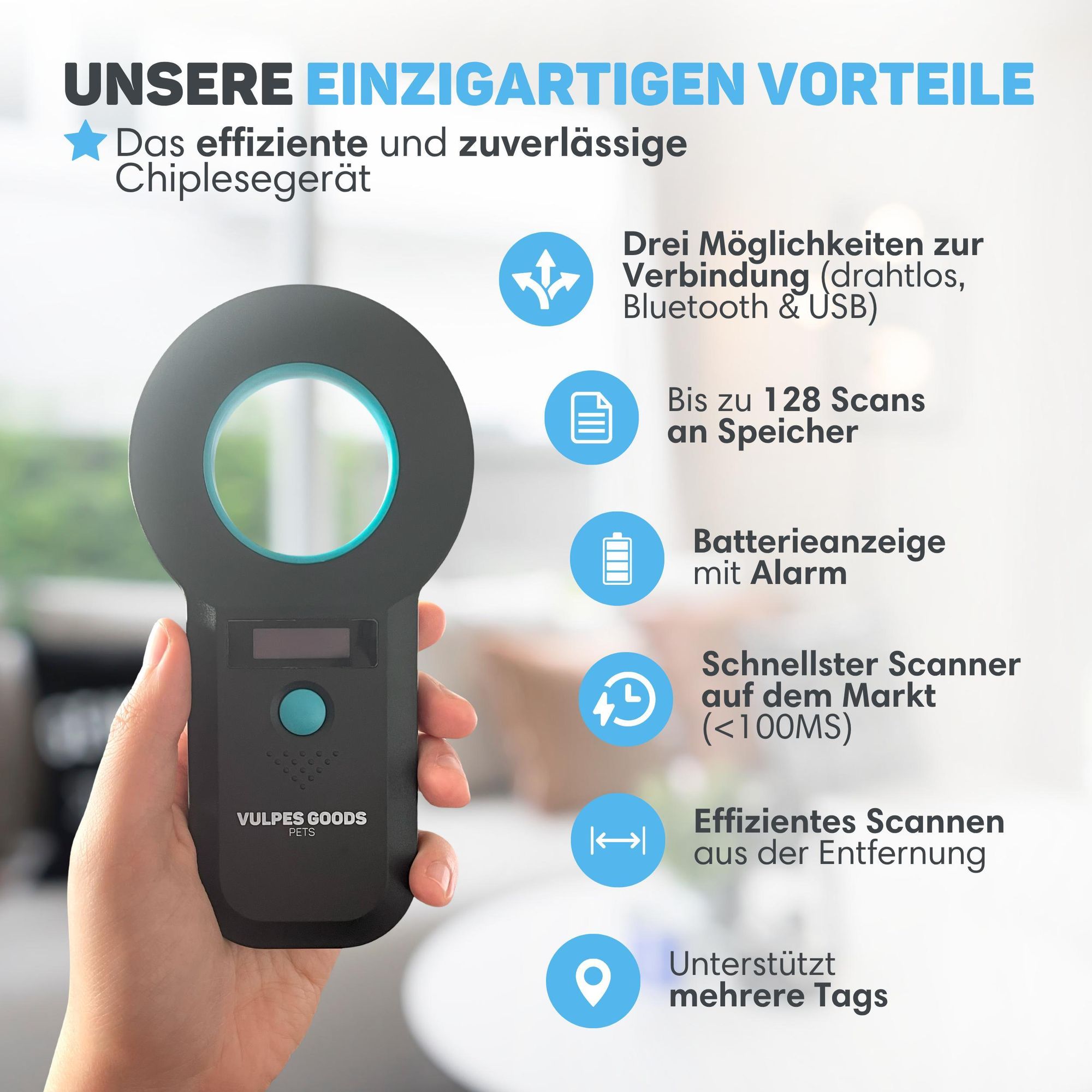 Vulpes Goods Haustier Mikrochip Scanner, Chiplesegerät für alle Tiere und Haustiere, Chiplesegerät, Inkl. Reisetasche, ISO11784/85/FDX-B, PRO-Version.