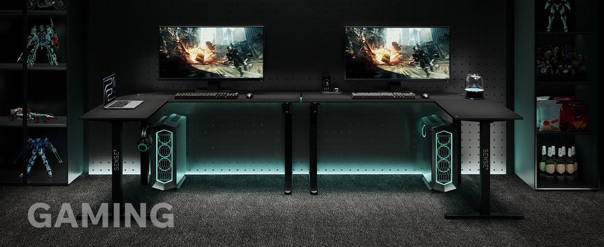 Sense7 RONG Gaming Eckschreibtisch L-Form 154x117 cm - Schwarz Computertisch Carbon Optik PC Gamer Tisch flexibel montierbar Home Office