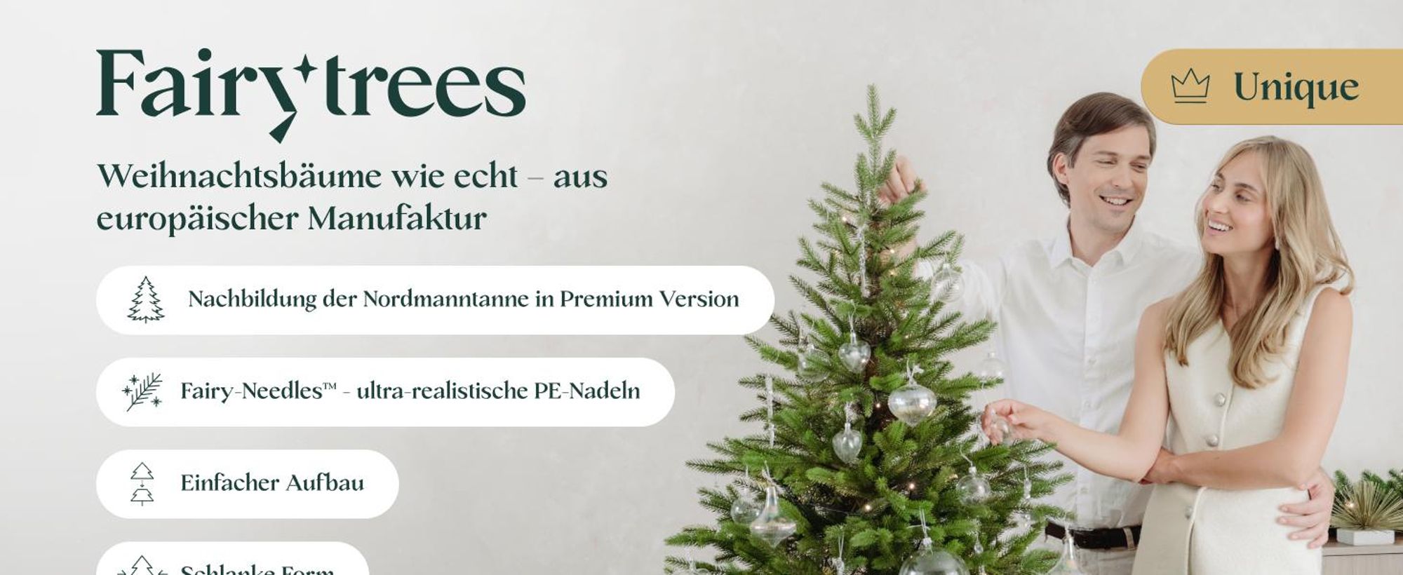 FAIRYTREES Weihnachtsbaum künstlich 180cm Nordmanntanne Exklusiv 100% PE | Tannenbaum Holzständer | EU | Christbaum künstlich mit Naturgetreue Spritzguss Elemente