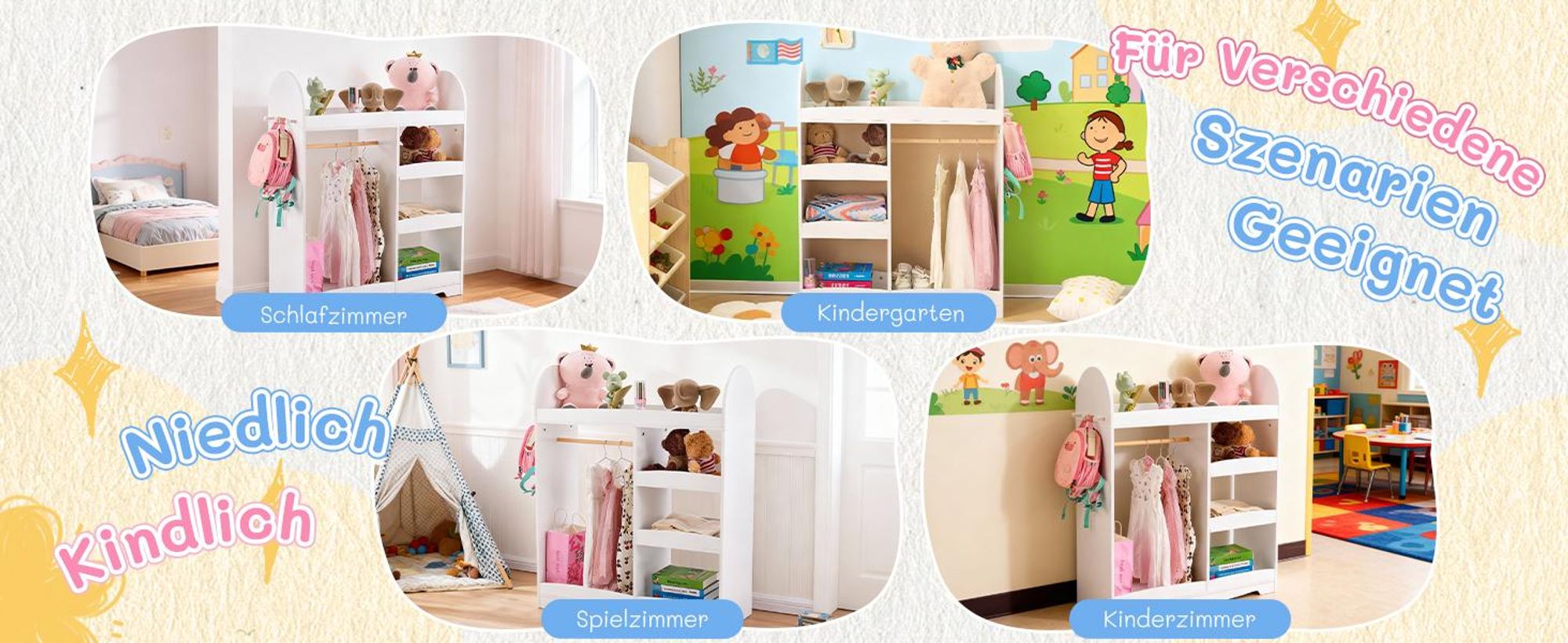 FCH kinderkleiderschrank mit 3 offener Ablagen, Haken, Kindergarderobe mit Kleiderständer, Weiß