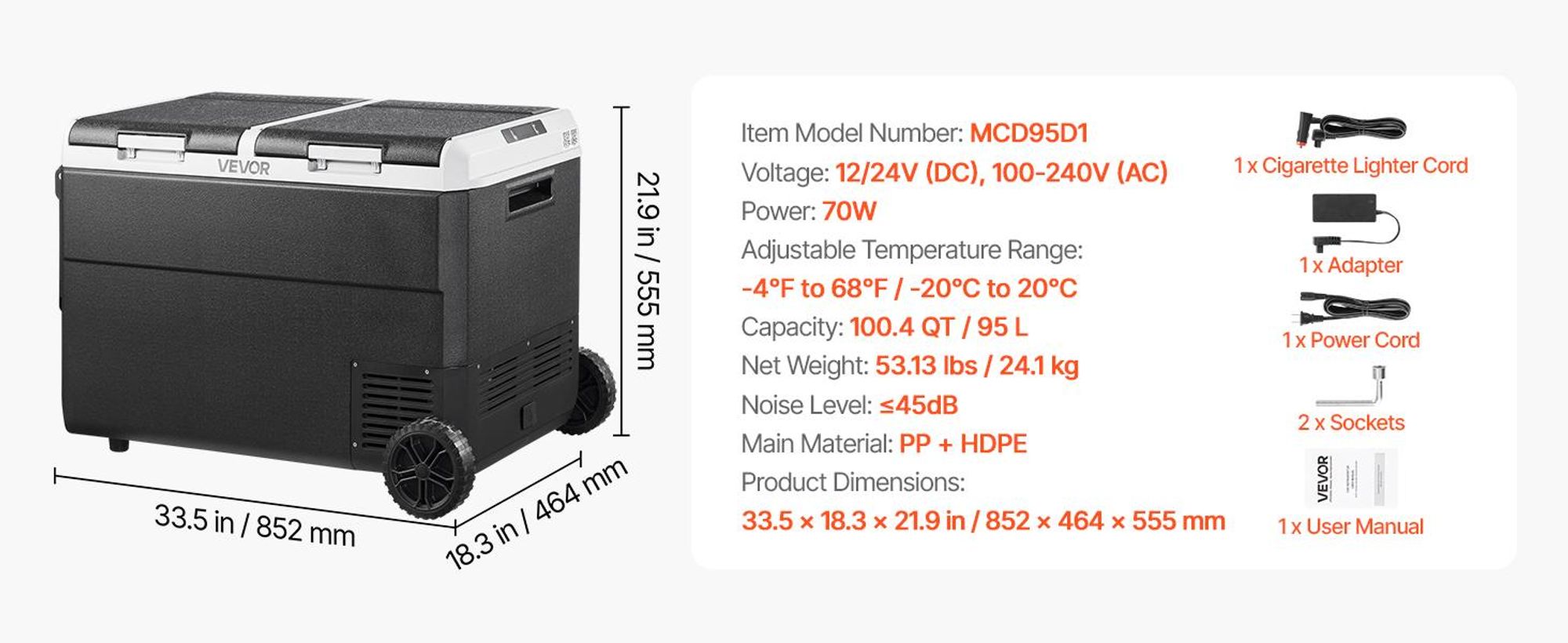 VEVOR 95 L Elektrische Kompressor Kühlbox, 12/24 V DC & 100-240 V AC Tragbare Autokühlbox mit Rollen & Griff, Gefrierschrank bis -20°C, Mini Kühlschrank für Auto, Wohnmobil, Lkw, Camping & Outdoor