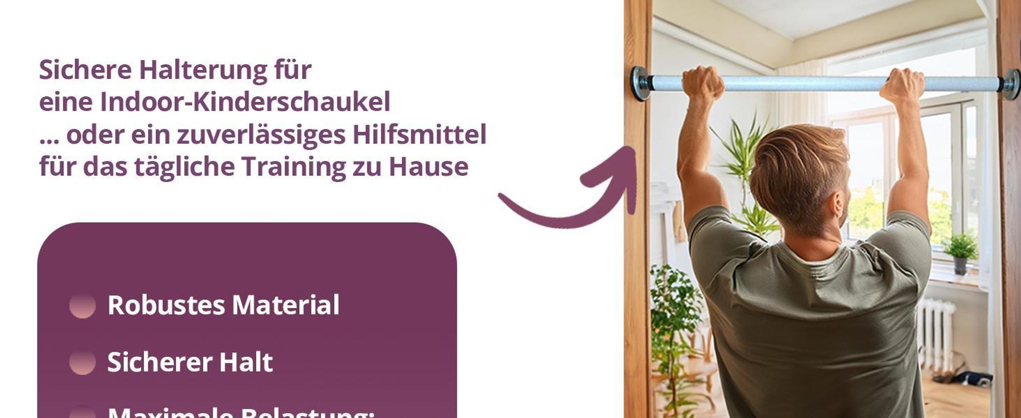 Create for you® - Klimmzugstange, für Türrahmen, mit Haken für Kinderschaukel - Fitnessgeräte für Zuhause - Montage ohne Bohren, Weiß -  90cm