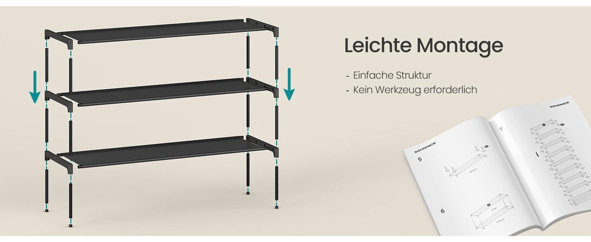 Schuhregal 3 Ebenen, Schuhaufbewahrung, Eingangsbereich, platzsparend, Metallrahmen, Vliesstoff-Ablage, schwarz