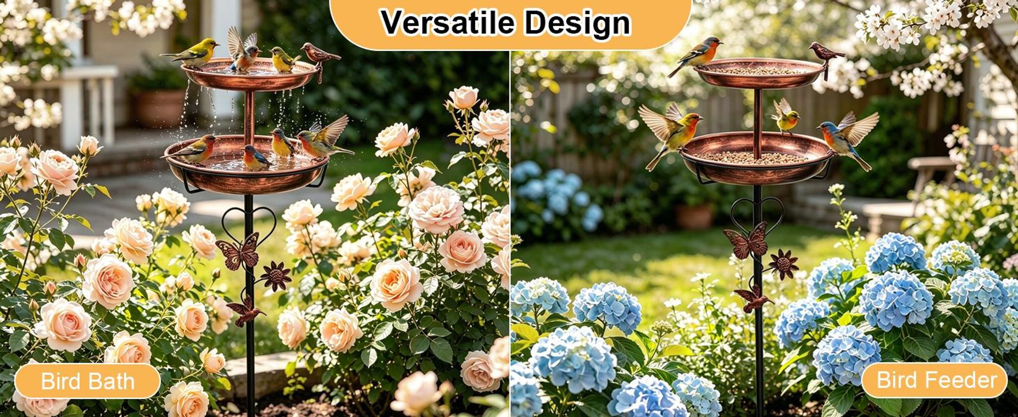 WISFOR Vogeltränke auf Stab, Vogelbad aus Metall, Futterstelle, Gartenstab, Gartenstecker, Gartendekoration
