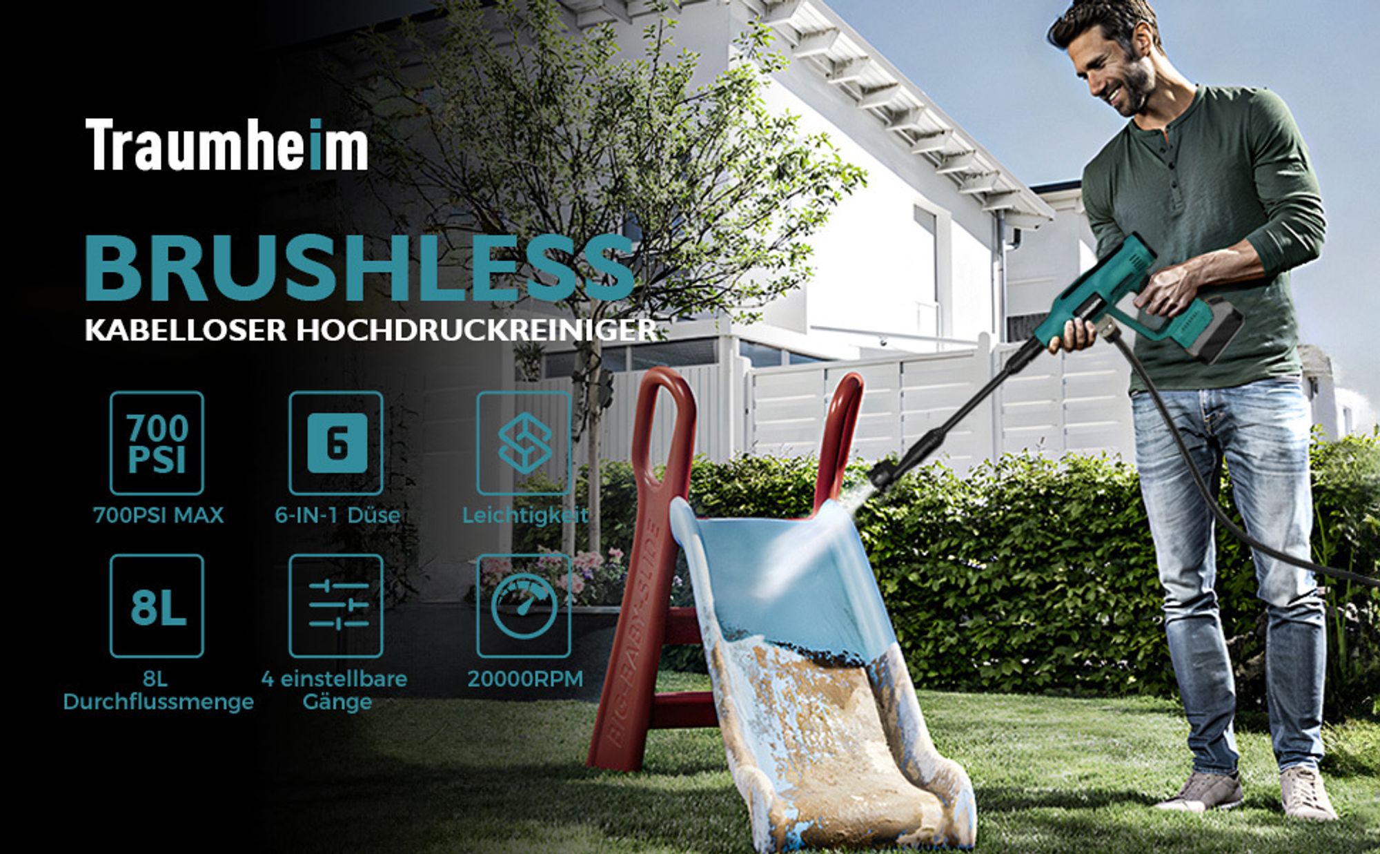 440W Hochdruckreinigerpistole für Makita 18V Akku (ohne Akku) mit Verlängerungsstange & 6-in-1 Düse, 5m schlauch - Für Auto, Haus und Garten