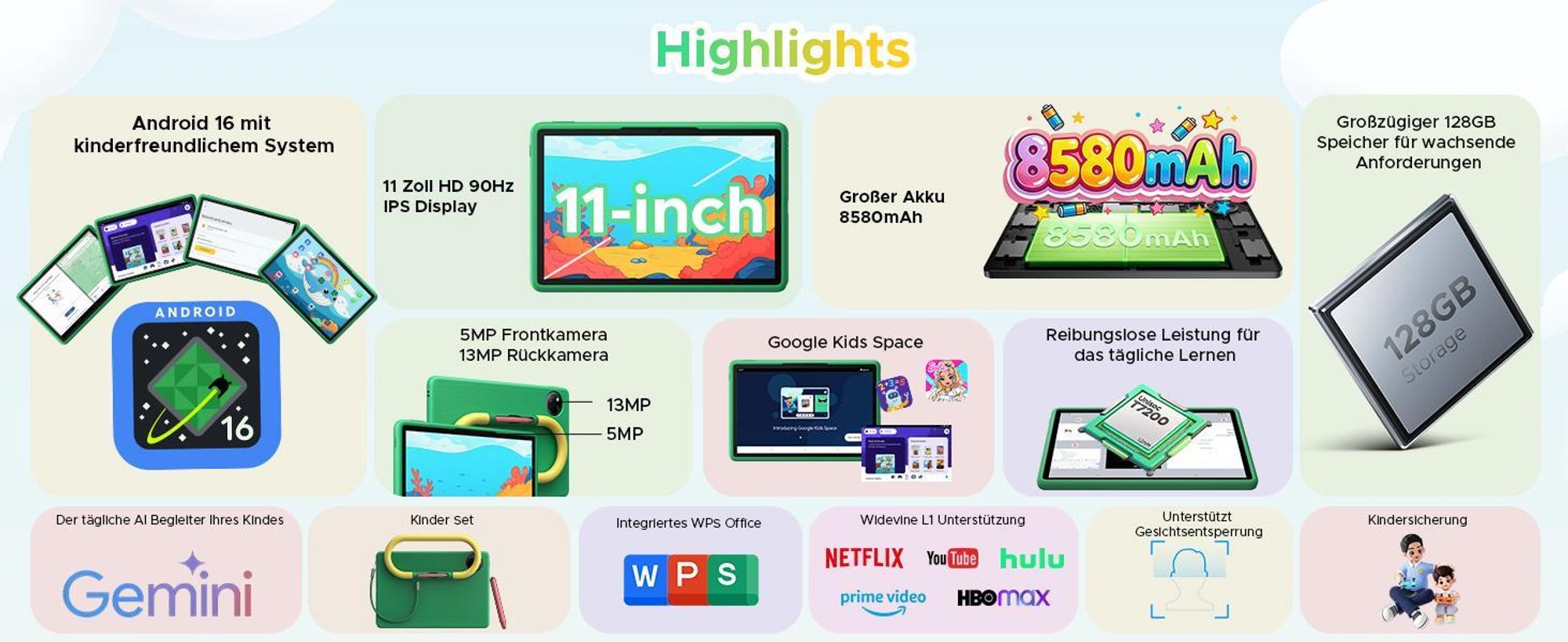 DOOGEE U11Kids 11" Tablet, Android 16,Gemini AI, 24(4+20)GB+128GB/2TB TF, 90Hz,8580mAh,WiFi Tablet für Kind mit Kindgerechte Hülle und Stift